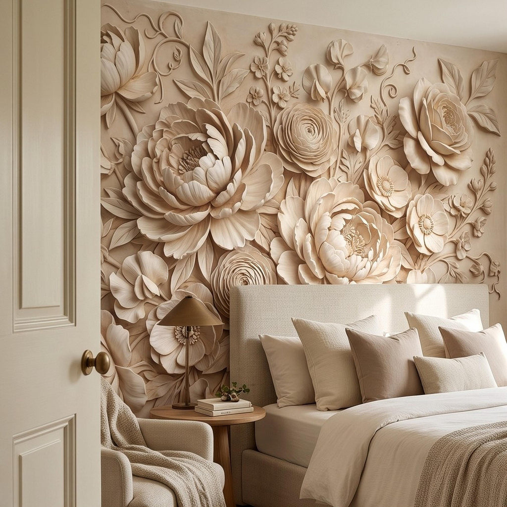 Floral Peel and Stick Wall Mural, Sculpted Peony Rose Botanical Relief Warm Ivory Embossed Plaster Look Luxury Wallpaper