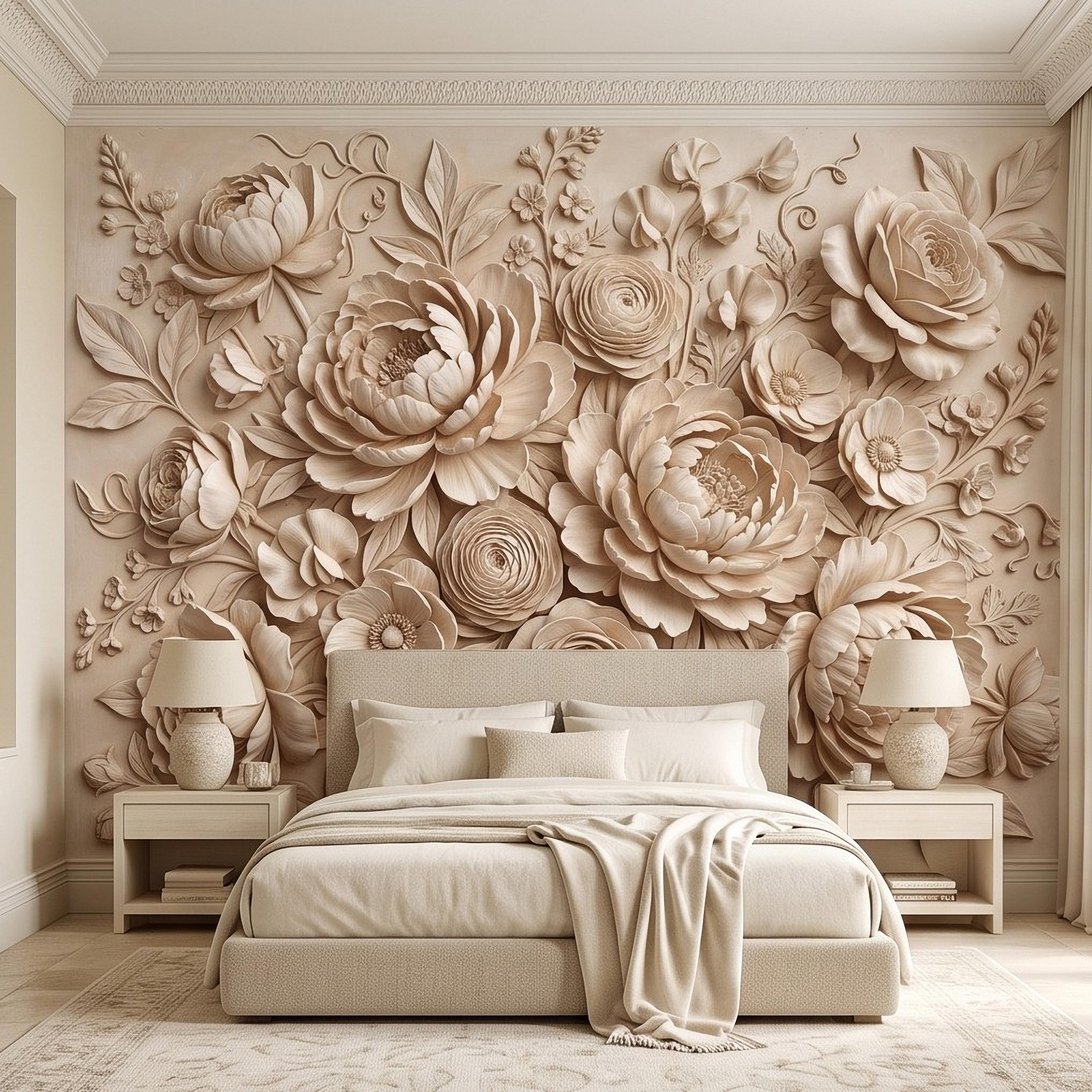 Floral Peel and Stick Wall Mural, Sculpted Peony Rose Botanical Relief Warm Ivory Embossed Plaster Look Luxury Wallpaper