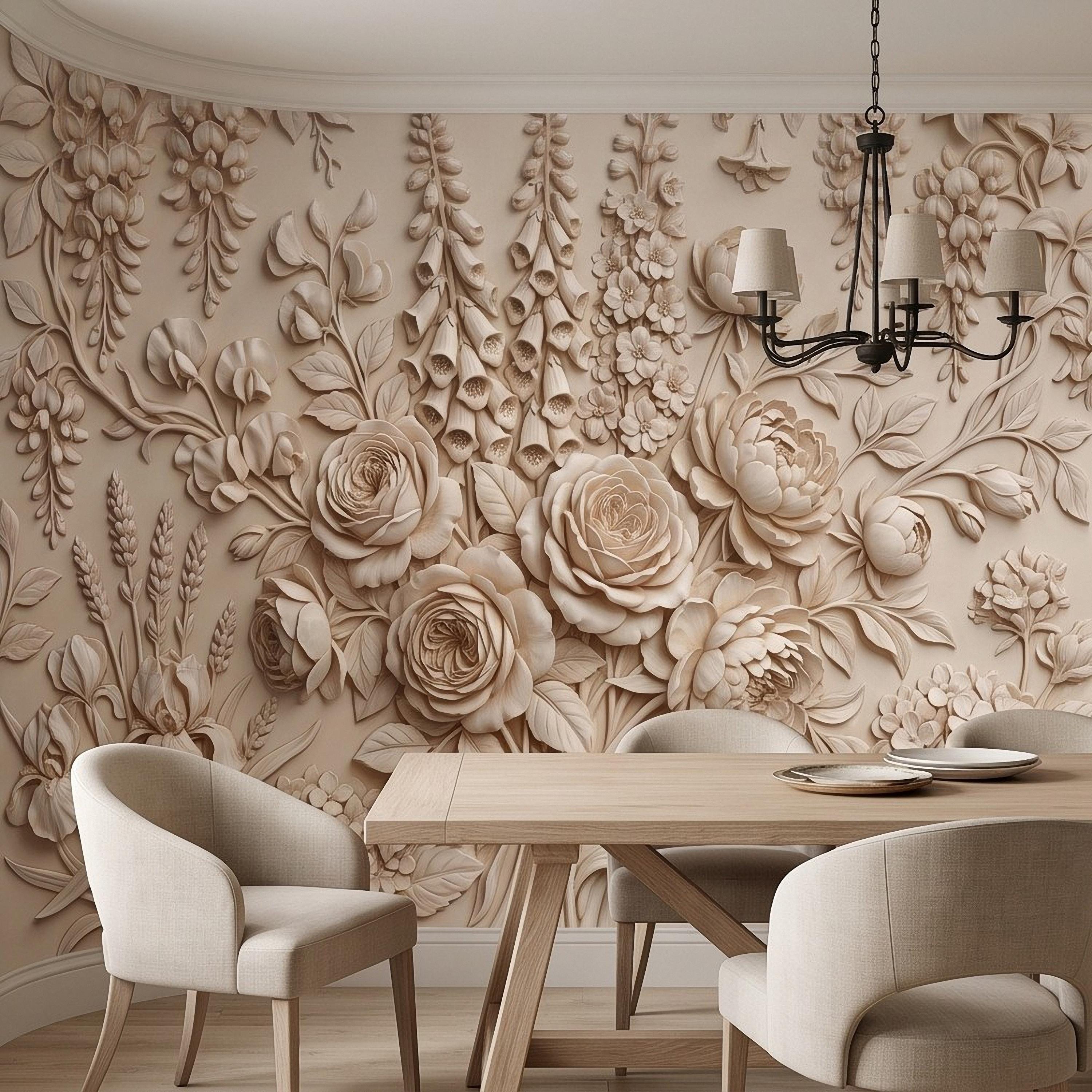 Floral Peel and Stick Wall Mural, Sculpted Botanical Relief Peony Rose Foxglove Hydrangea Warm Ivory Embossed Plaster Look Wallpaper