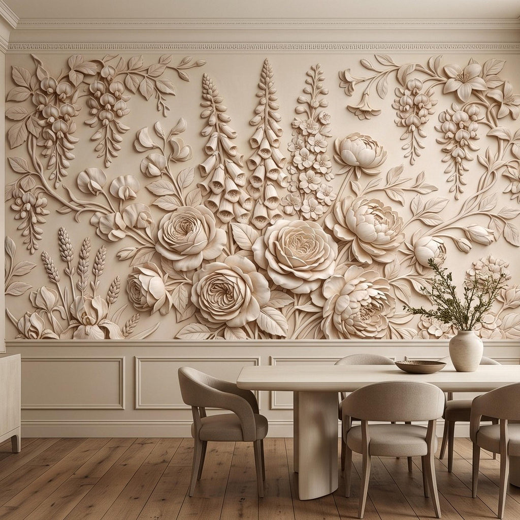 Floral Peel and Stick Wall Mural, Sculpted Botanical Relief Peony Rose Foxglove Hydrangea Warm Ivory Embossed Plaster Look Wallpaper