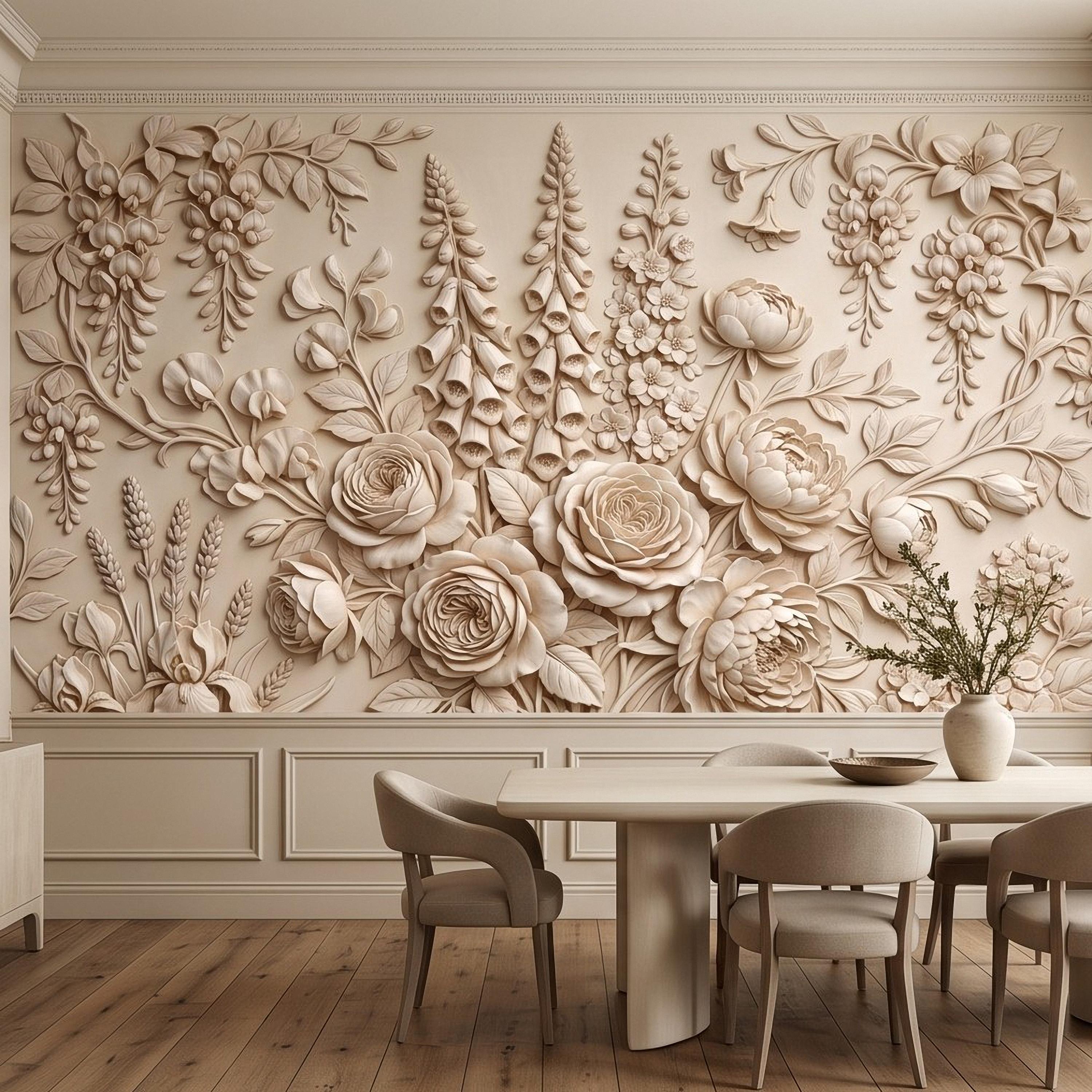 Floral Peel and Stick Wall Mural, Sculpted Botanical Relief Peony Rose Foxglove Hydrangea Warm Ivory Embossed Plaster Look Wallpaper