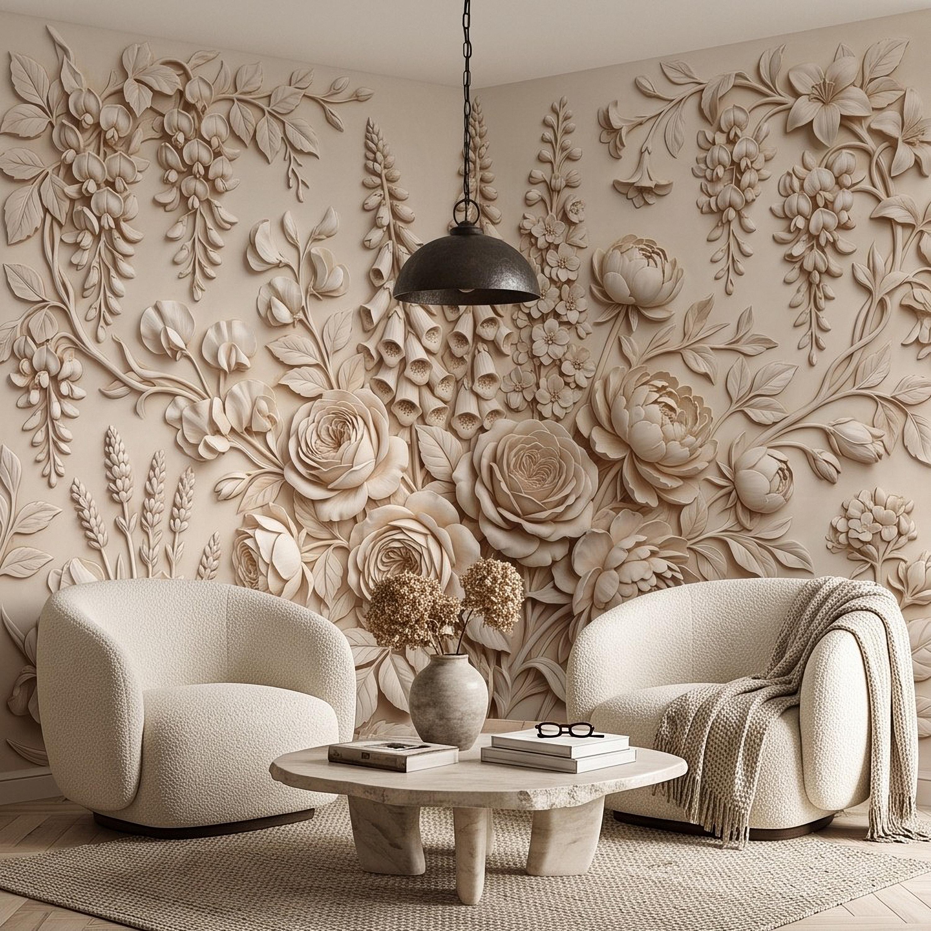 Floral Peel and Stick Wall Mural, Sculpted Botanical Relief Peony Rose Foxglove Hydrangea Warm Ivory Embossed Plaster Look Wallpaper