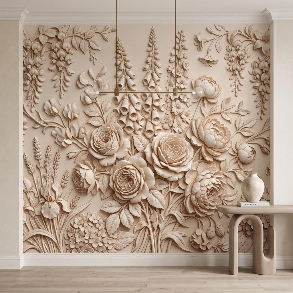 Floral Peel and Stick Wall Mural, Sculpted Botanical Relief Peony Rose Foxglove Hydrangea Warm Ivory Embossed Plaster Look Wallpaper