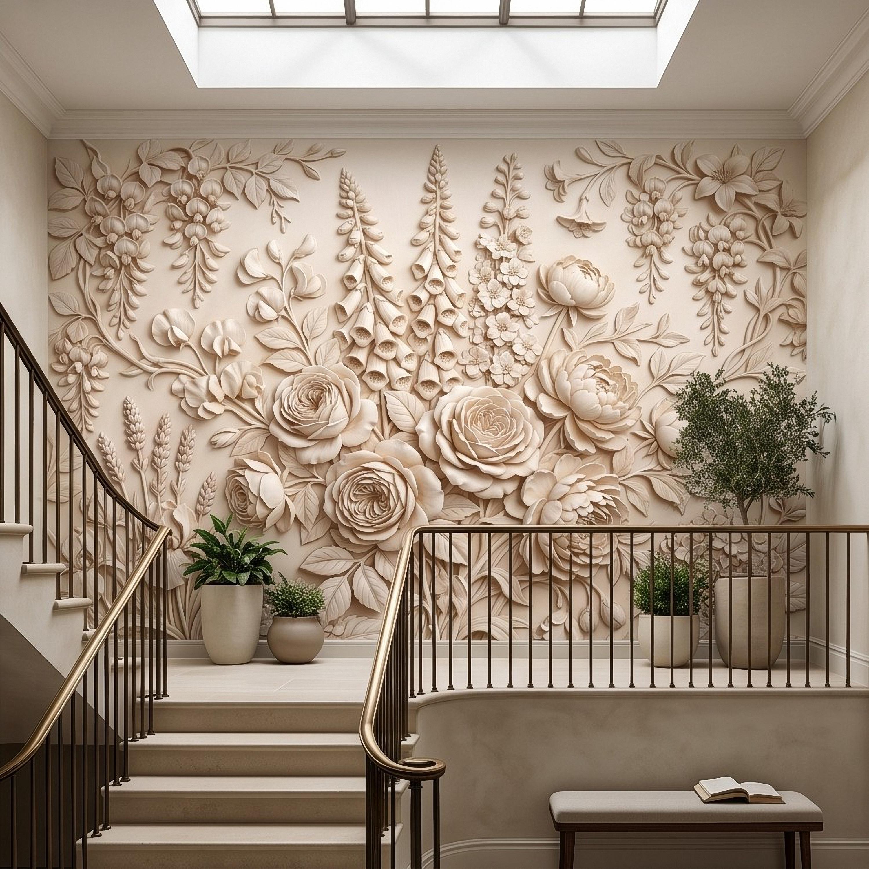 Floral Peel and Stick Wall Mural, Sculpted Botanical Relief Peony Rose Foxglove Hydrangea Warm Ivory Embossed Plaster Look Wallpaper