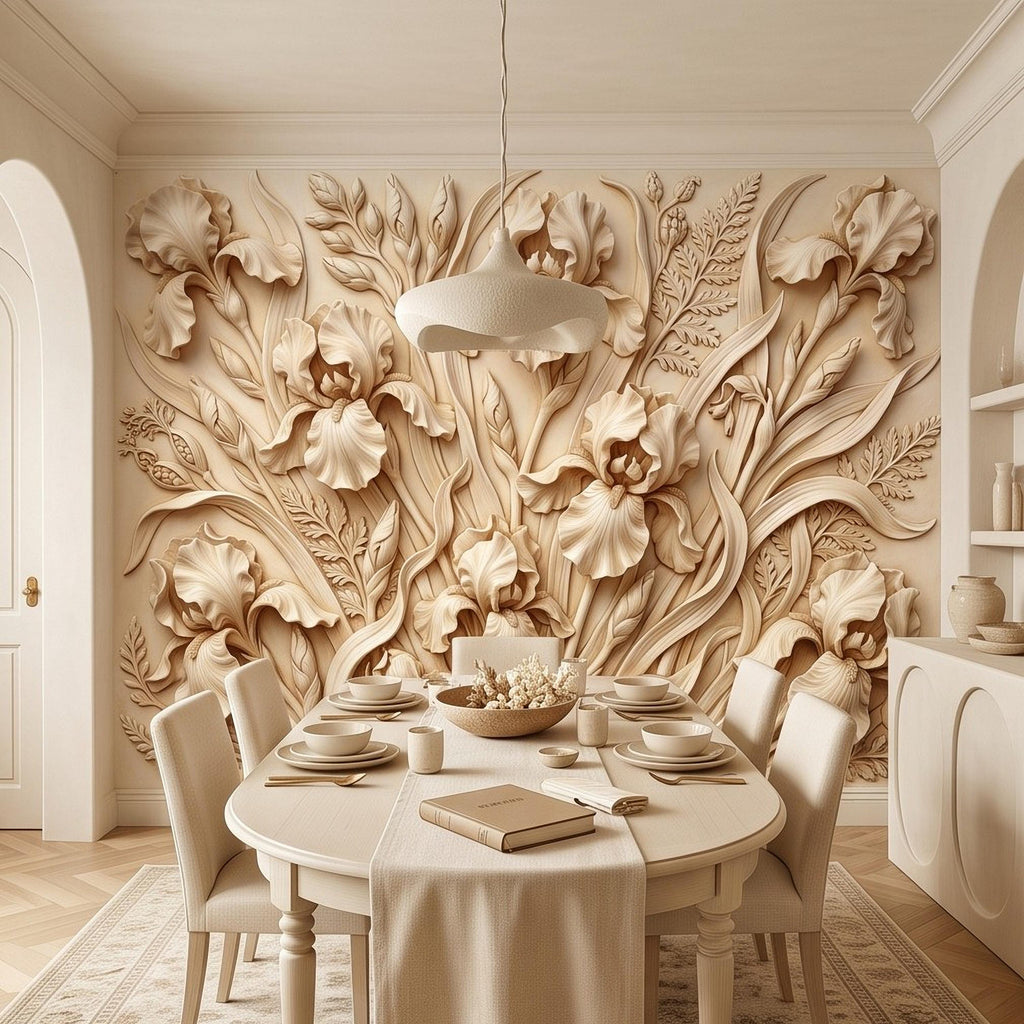 Iris Flower Peel and Stick Wall Mural, Sculpted Botanical Relief Warm Ivory Embossed Plaster Look Elegant Floral Wallpaper