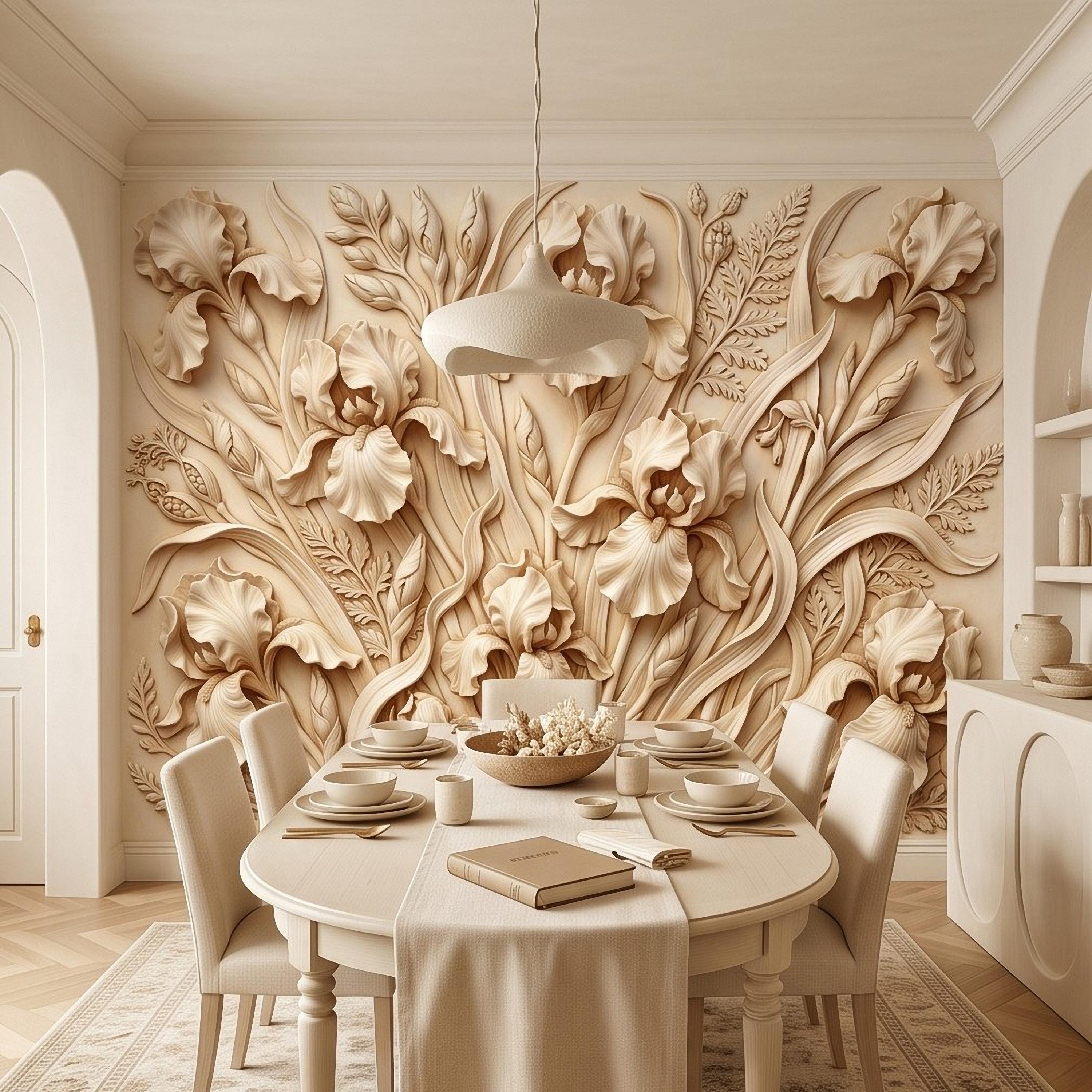 Iris Flower Peel and Stick Wall Mural, Sculpted Botanical Relief Warm Ivory Embossed Plaster Look Elegant Floral Wallpaper