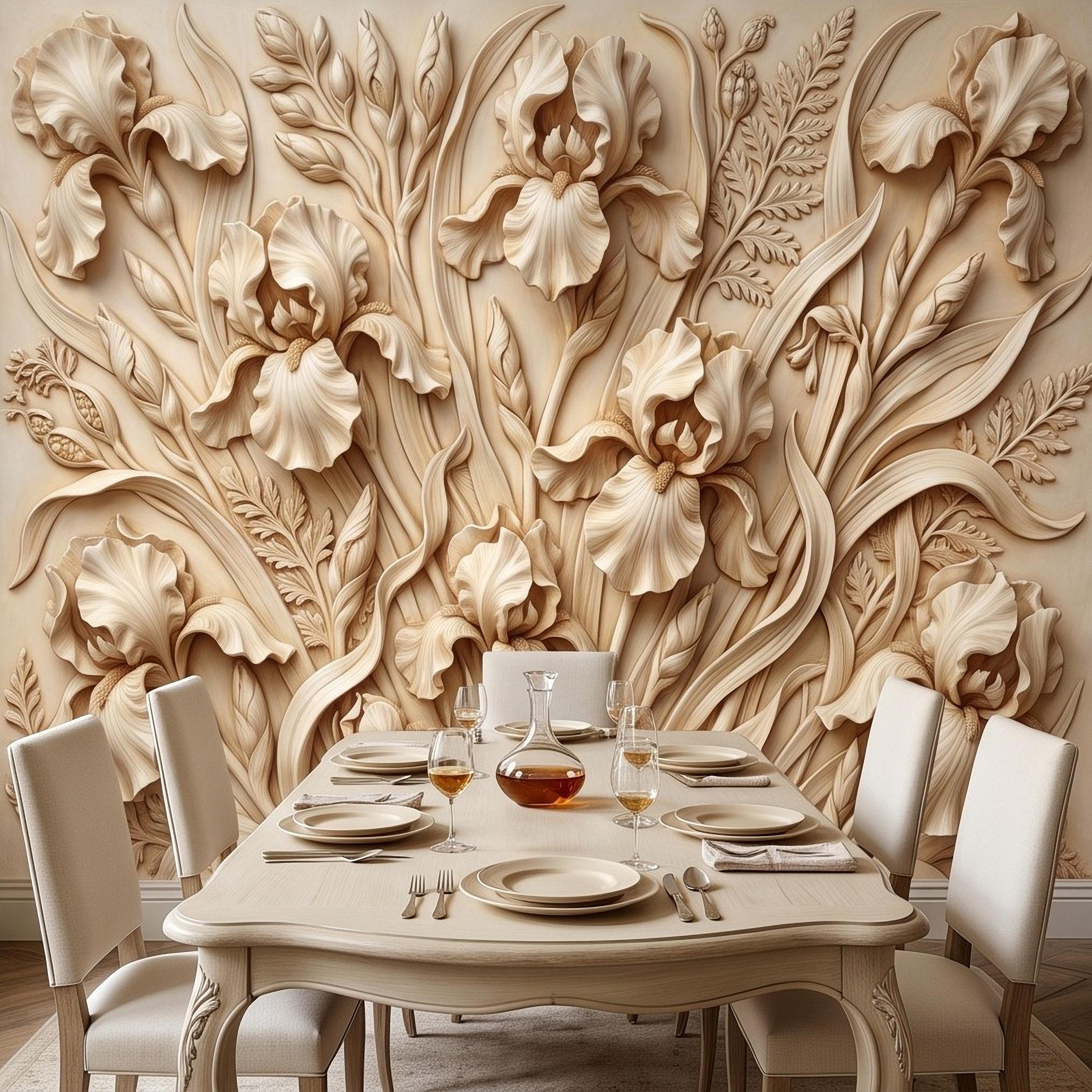 Iris Flower Peel and Stick Wall Mural, Sculpted Botanical Relief Warm Ivory Embossed Plaster Look Elegant Floral Wallpaper