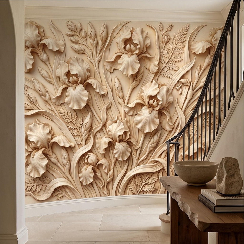 Iris Flower Peel and Stick Wall Mural, Sculpted Botanical Relief Warm Ivory Embossed Plaster Look Elegant Floral Wallpaper