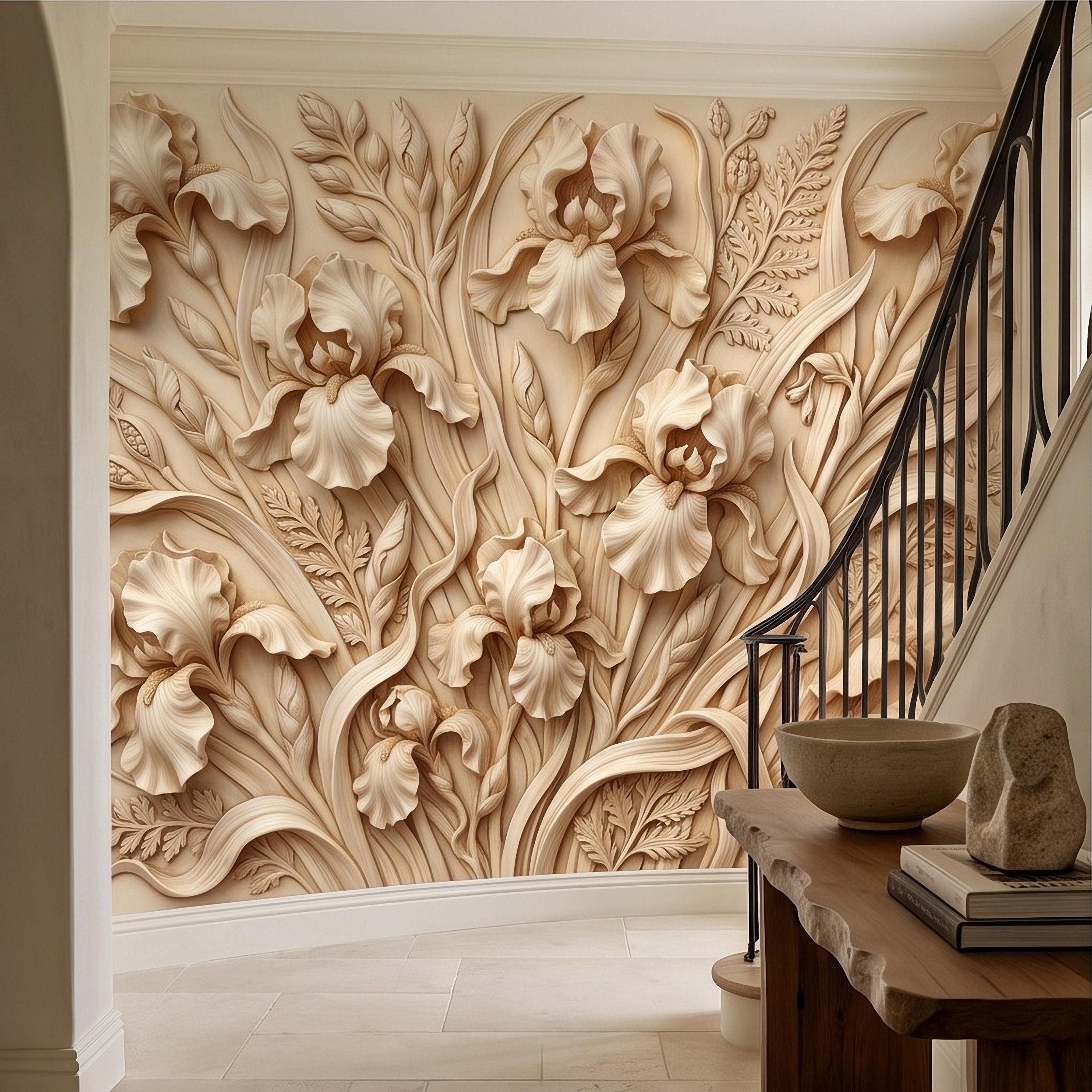 Iris Flower Peel and Stick Wall Mural, Sculpted Botanical Relief Warm Ivory Embossed Plaster Look Elegant Floral Wallpaper