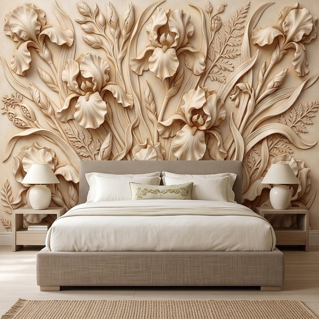 Iris Flower Peel and Stick Wall Mural, Sculpted Botanical Relief Warm Ivory Embossed Plaster Look Elegant Floral Wallpaper