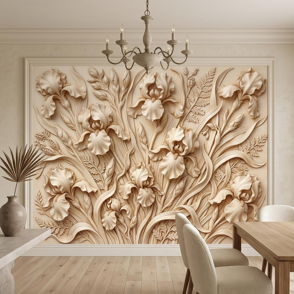 Iris Flower Peel and Stick Wall Mural, Sculpted Botanical Relief Warm Ivory Embossed Plaster Look Elegant Floral Wallpaper