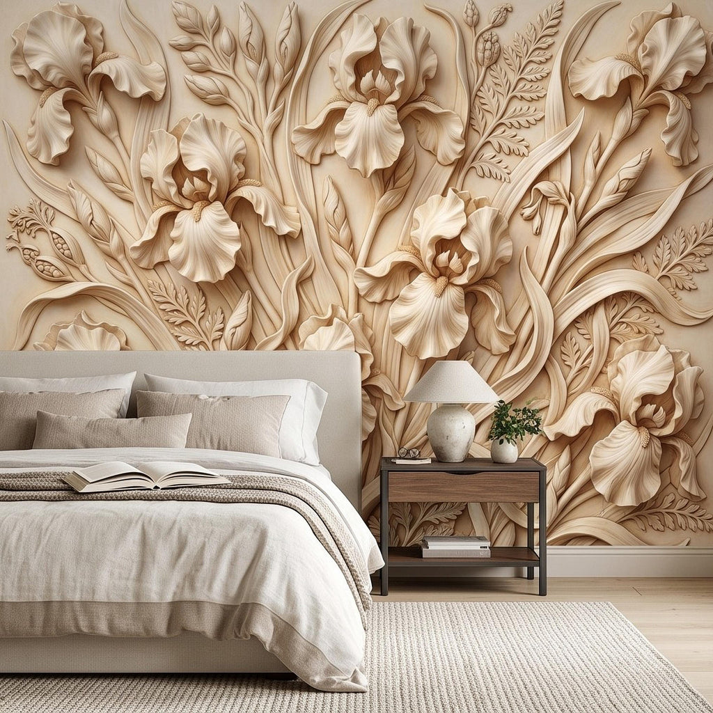 Iris Flower Peel and Stick Wall Mural, Sculpted Botanical Relief Warm Ivory Embossed Plaster Look Elegant Floral Wallpaper