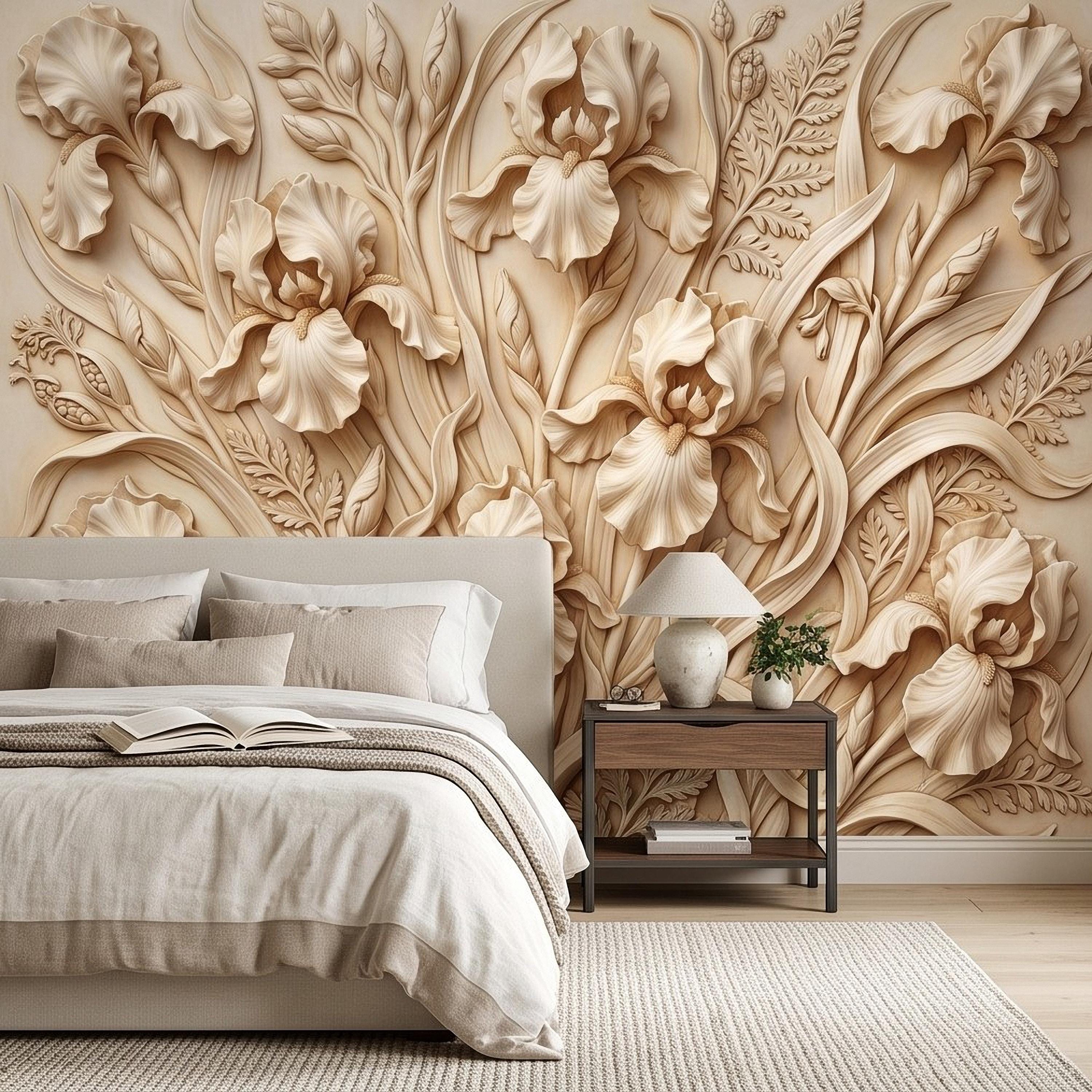 Iris Flower Peel and Stick Wall Mural, Sculpted Botanical Relief Warm Ivory Embossed Plaster Look Elegant Floral Wallpaper