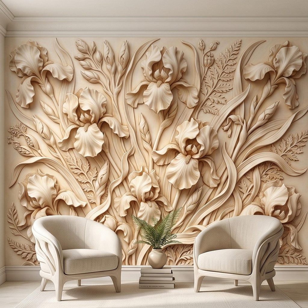 Iris Flower Peel and Stick Wall Mural, Sculpted Botanical Relief Warm Ivory Embossed Plaster Look Elegant Floral Wallpaper