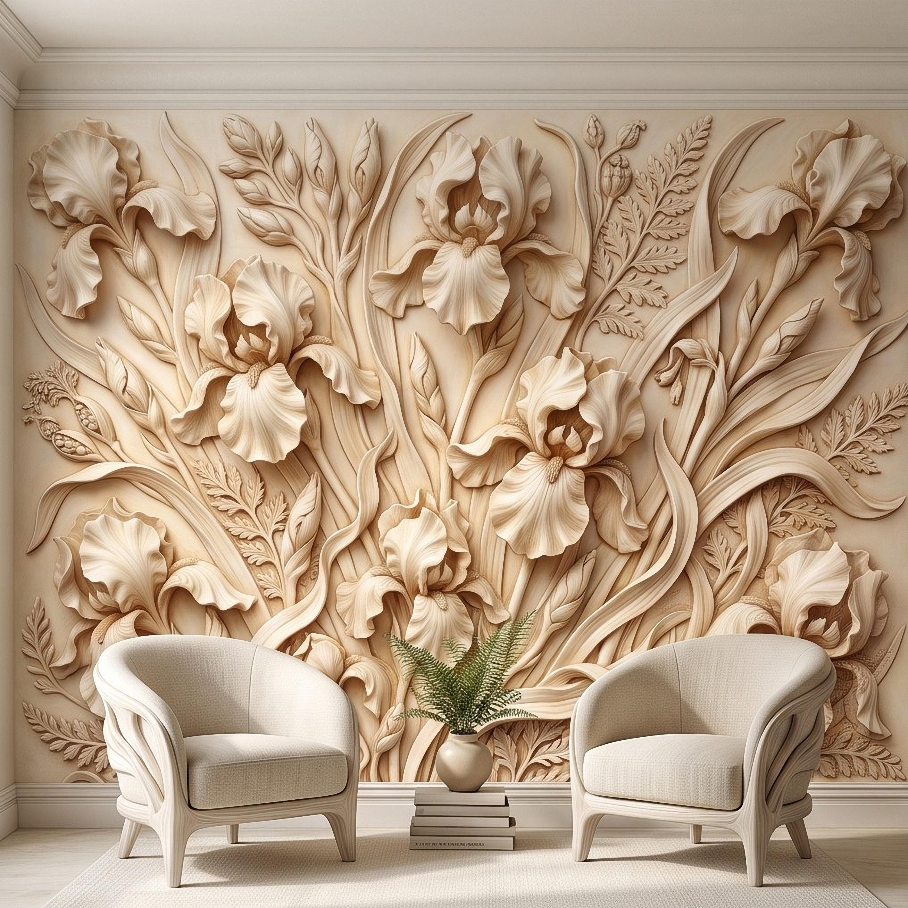 Iris Flower Peel and Stick Wall Mural, Sculpted Botanical Relief Warm Ivory Embossed Plaster Look Elegant Floral Wallpaper
