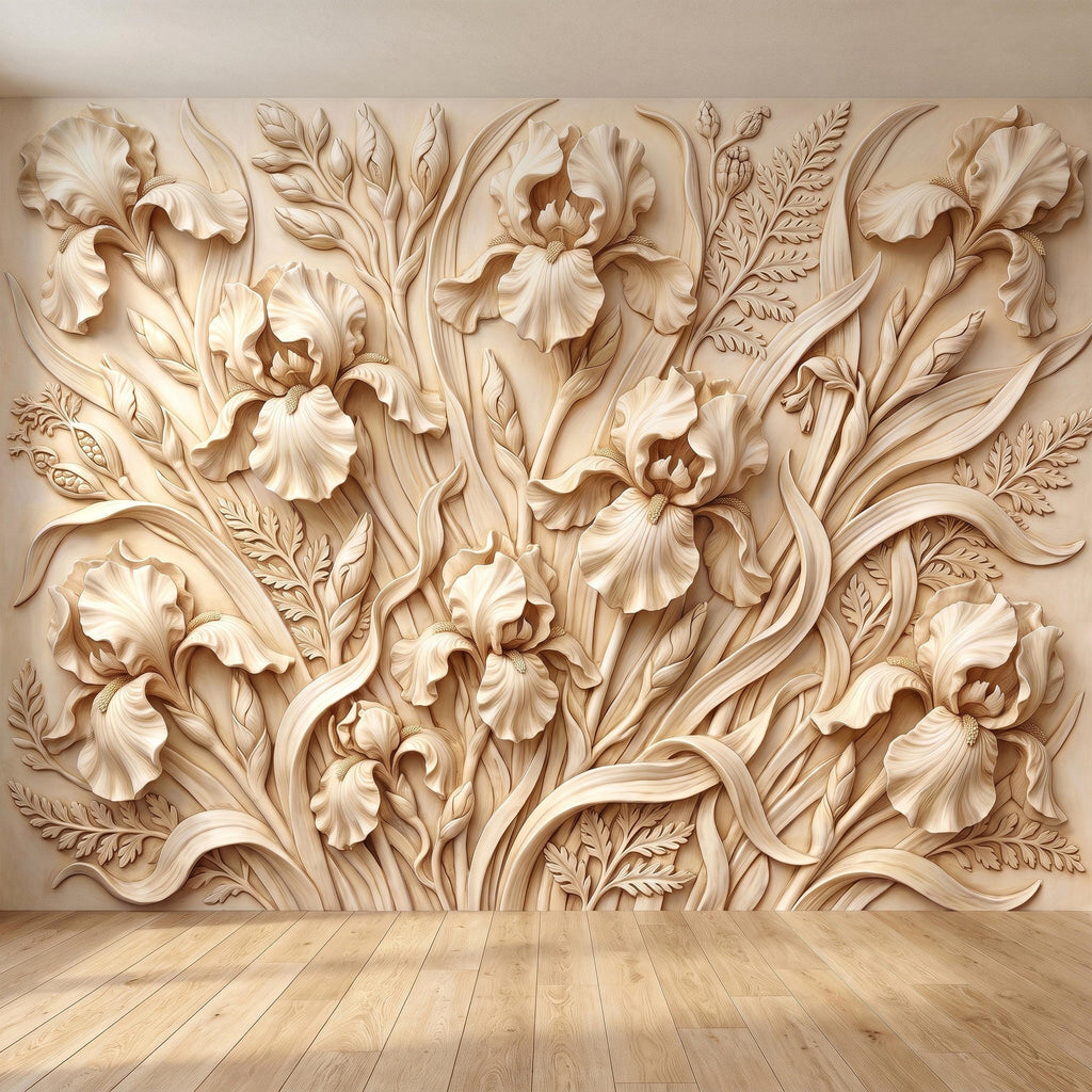 Iris Flower Peel and Stick Wall Mural, Sculpted Botanical Relief Warm Ivory Embossed Plaster Look Elegant Floral Wallpaper