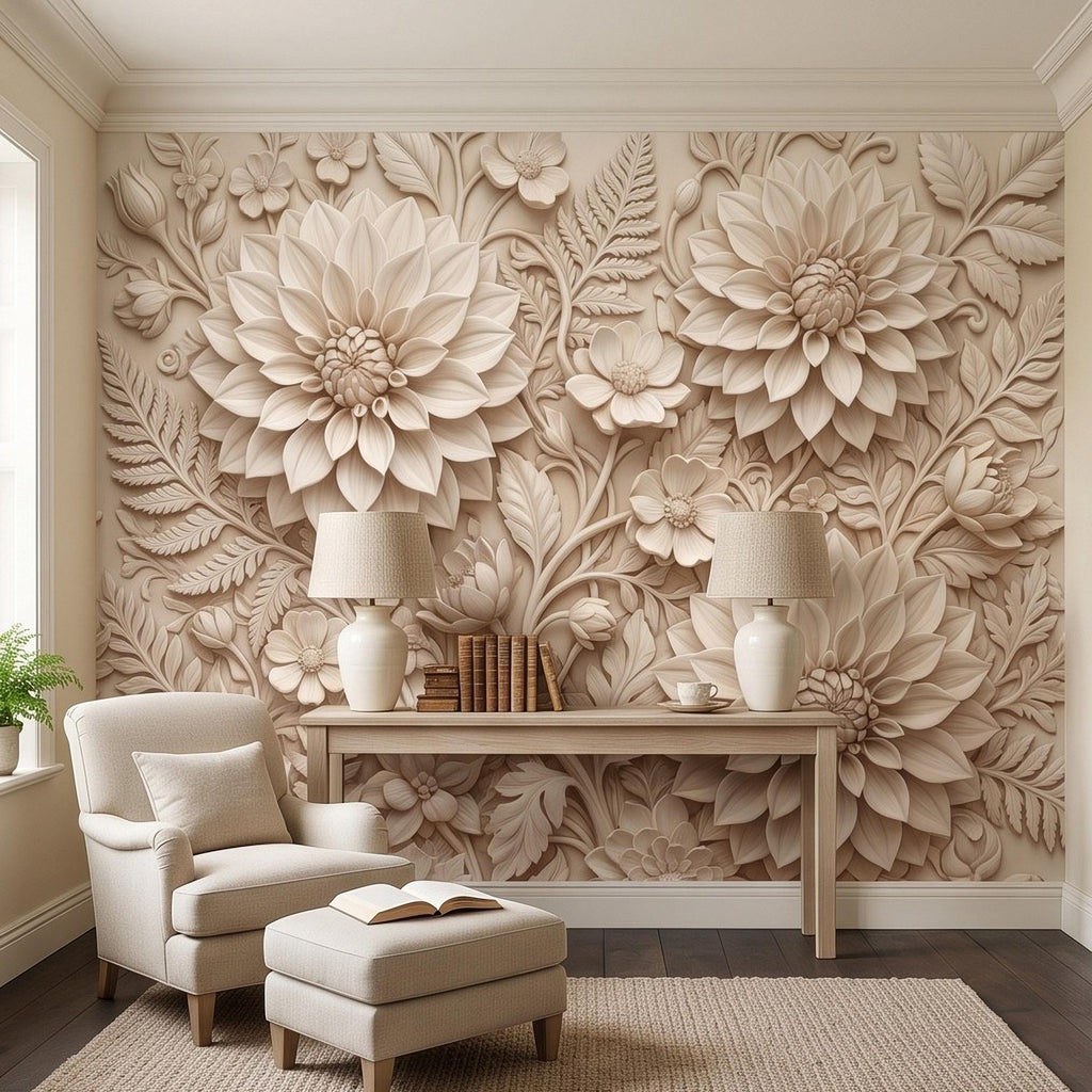 Dahlia Flower Peel and Stick Wall Mural, Sculpted Botanical Relief Warm Ivory Embossed Plaster Look Floral Wallpaper