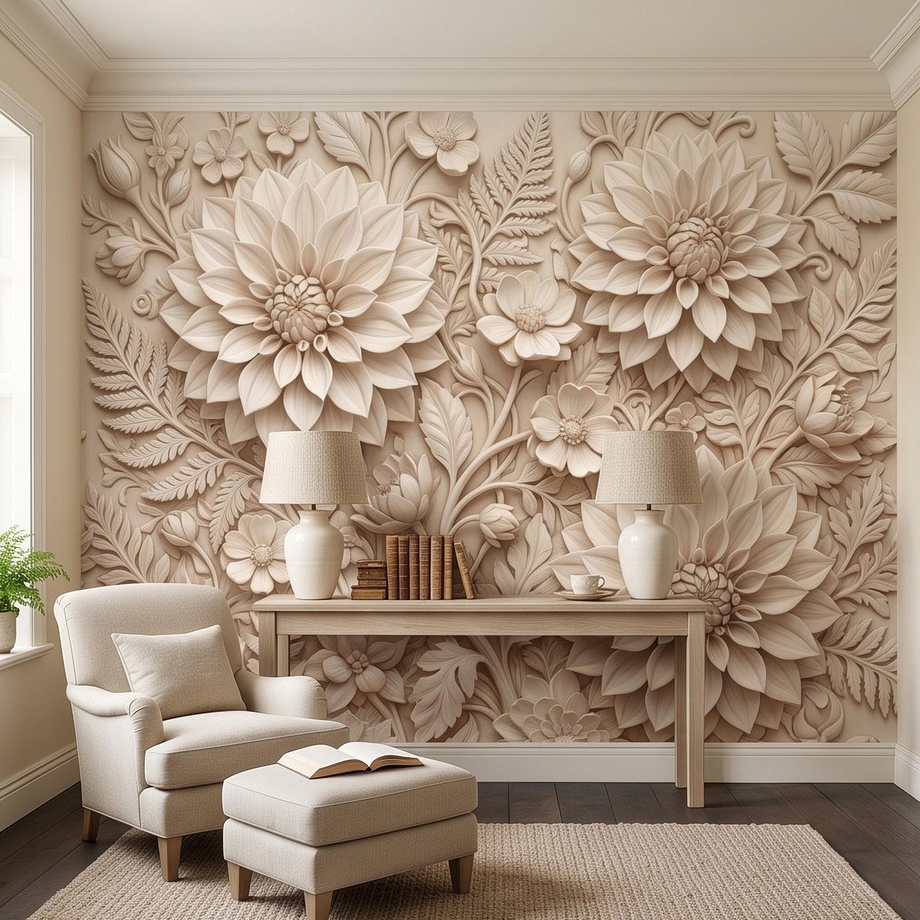 Dahlia Flower Peel and Stick Wall Mural, Sculpted Botanical Relief Warm Ivory Embossed Plaster Look Floral Wallpaper