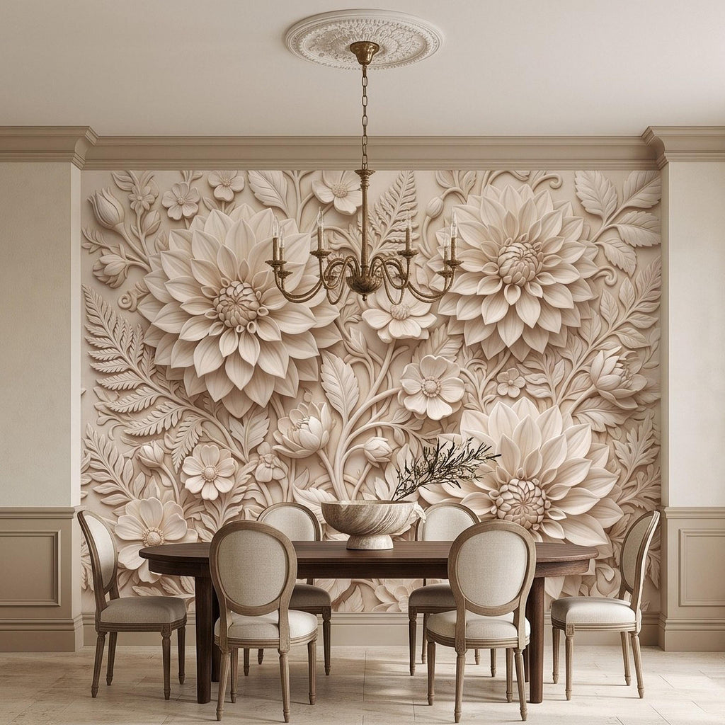 Dahlia Flower Peel and Stick Wall Mural, Sculpted Botanical Relief Warm Ivory Embossed Plaster Look Floral Wallpaper