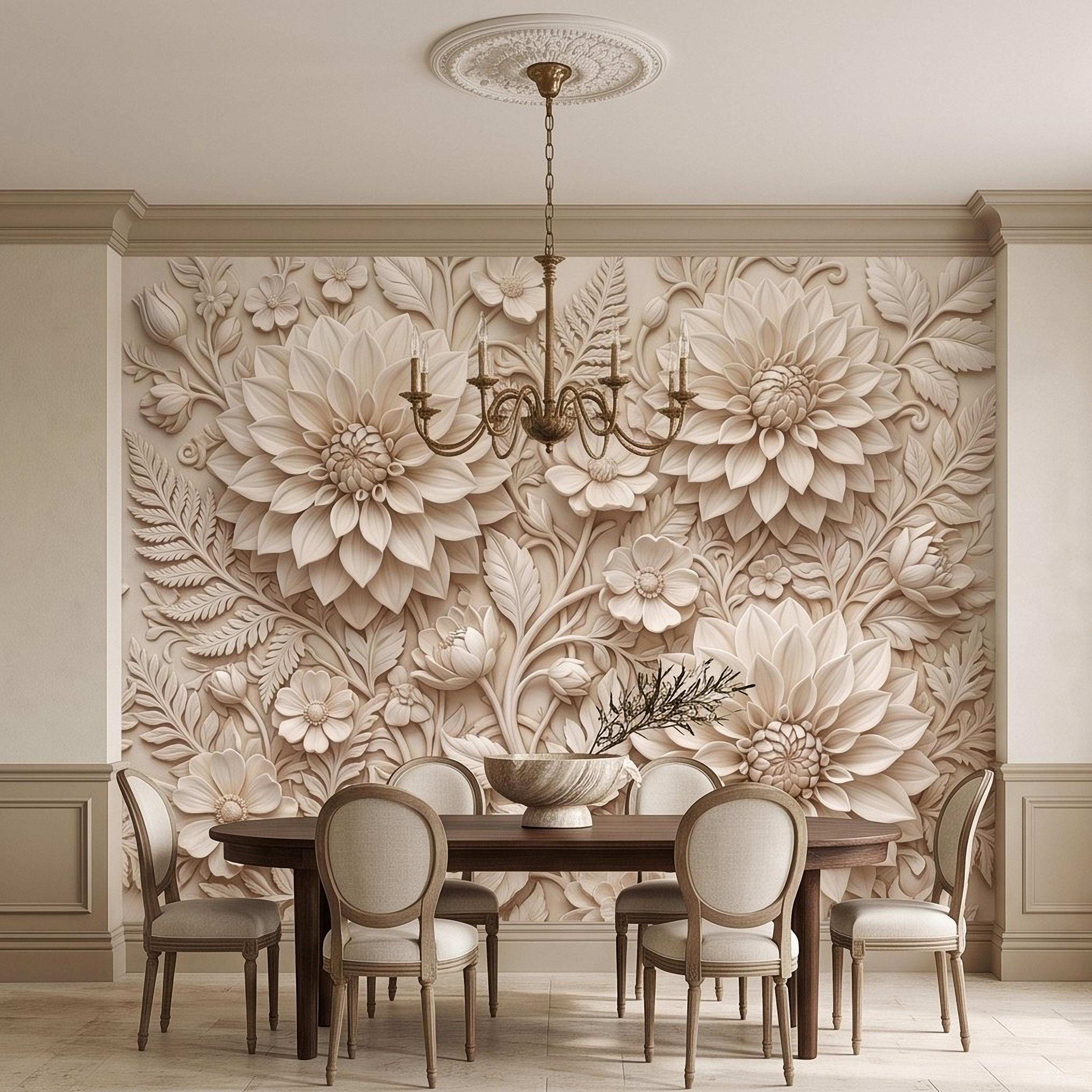 Dahlia Flower Peel and Stick Wall Mural, Sculpted Botanical Relief Warm Ivory Embossed Plaster Look Floral Wallpaper