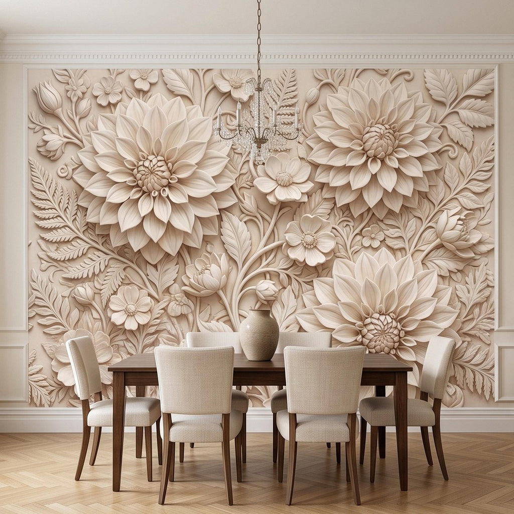 Dahlia Flower Peel and Stick Wall Mural, Sculpted Botanical Relief Warm Ivory Embossed Plaster Look Floral Wallpaper