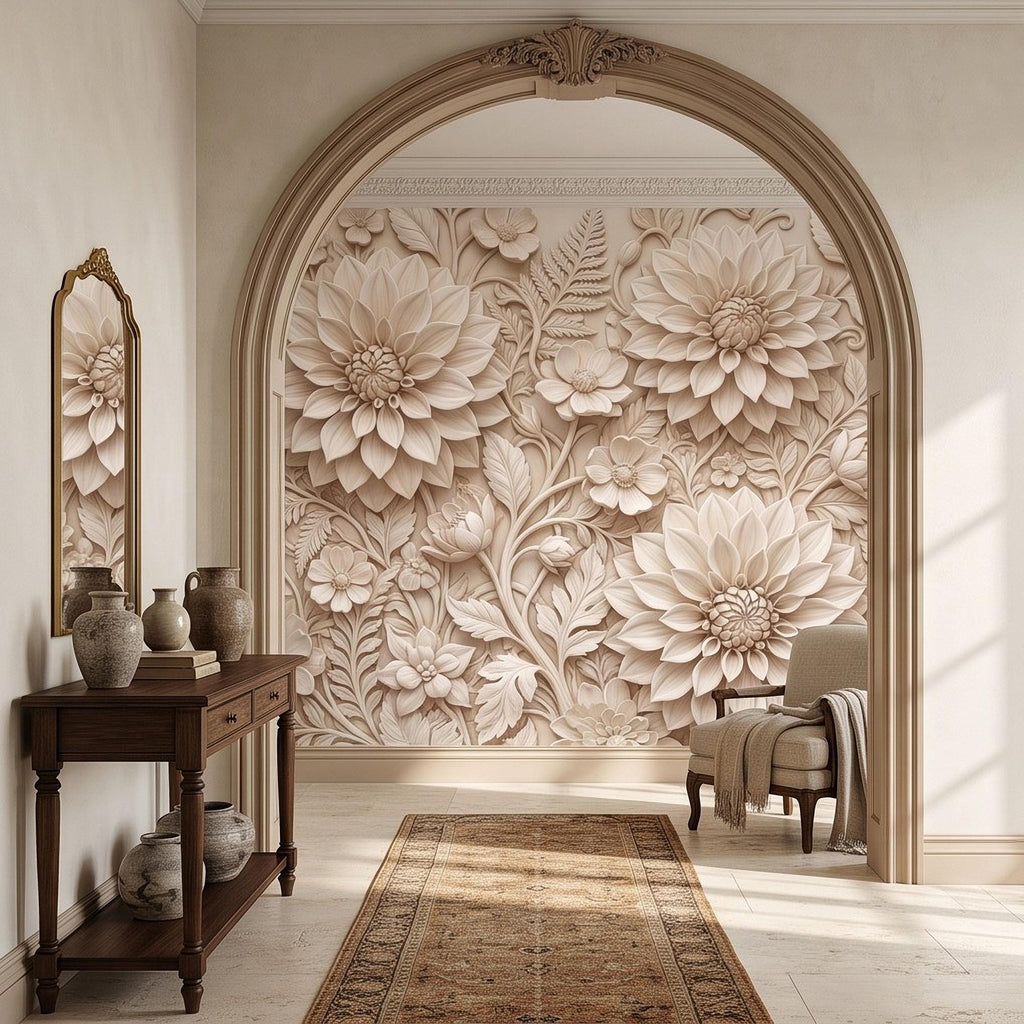 Dahlia Flower Peel and Stick Wall Mural, Sculpted Botanical Relief Warm Ivory Embossed Plaster Look Floral Wallpaper