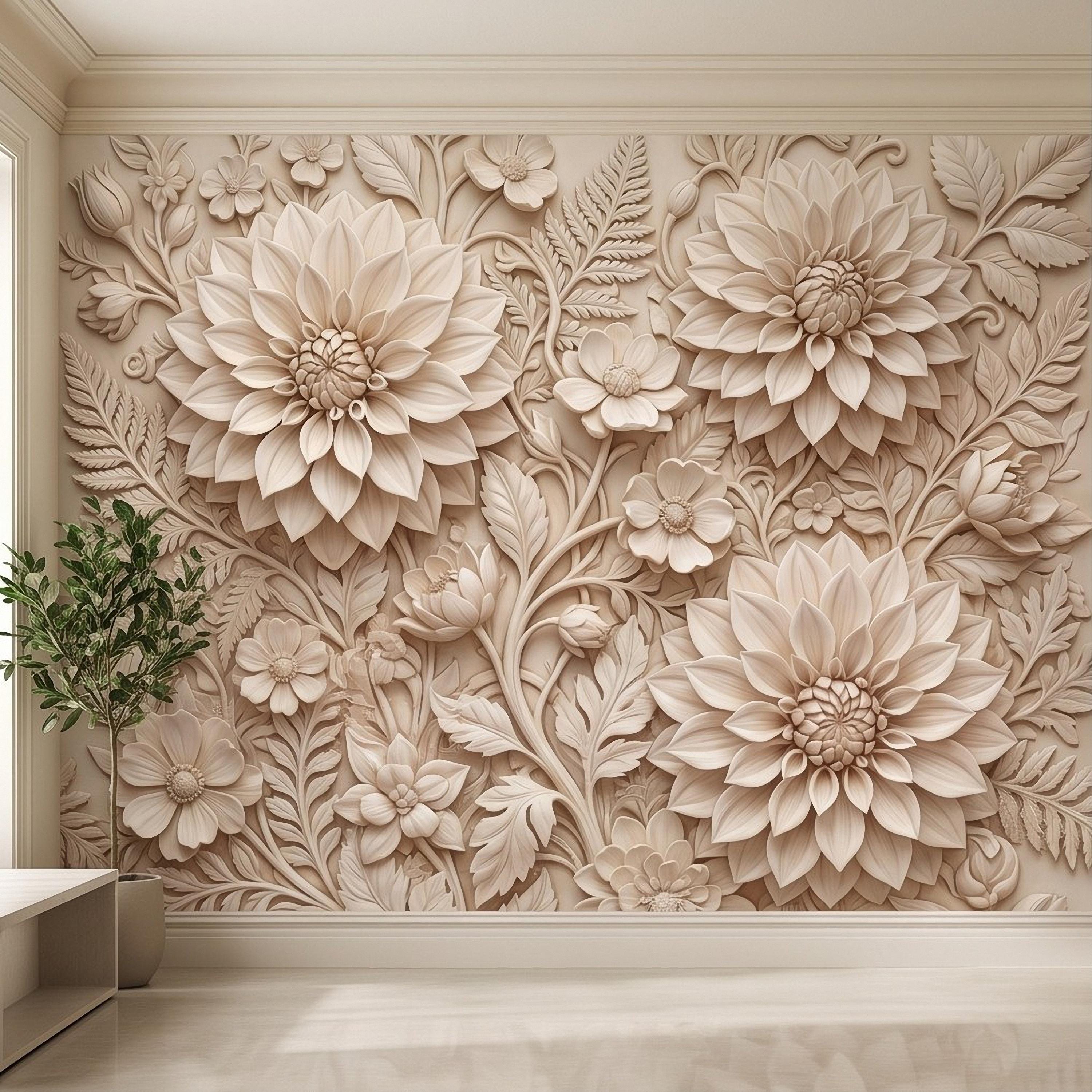 Dahlia Flower Peel and Stick Wall Mural, Sculpted Botanical Relief Warm Ivory Embossed Plaster Look Floral Wallpaper