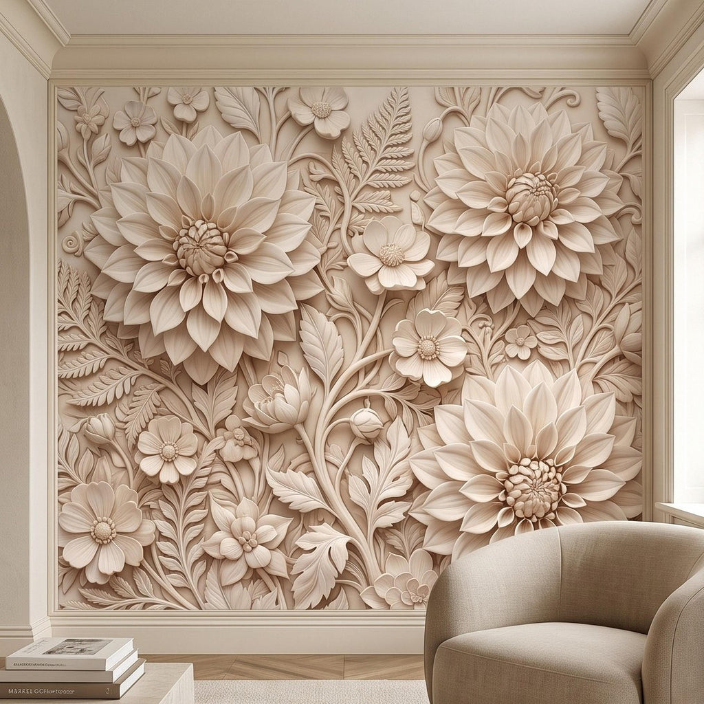 Dahlia Flower Peel and Stick Wall Mural, Sculpted Botanical Relief Warm Ivory Embossed Plaster Look Floral Wallpaper