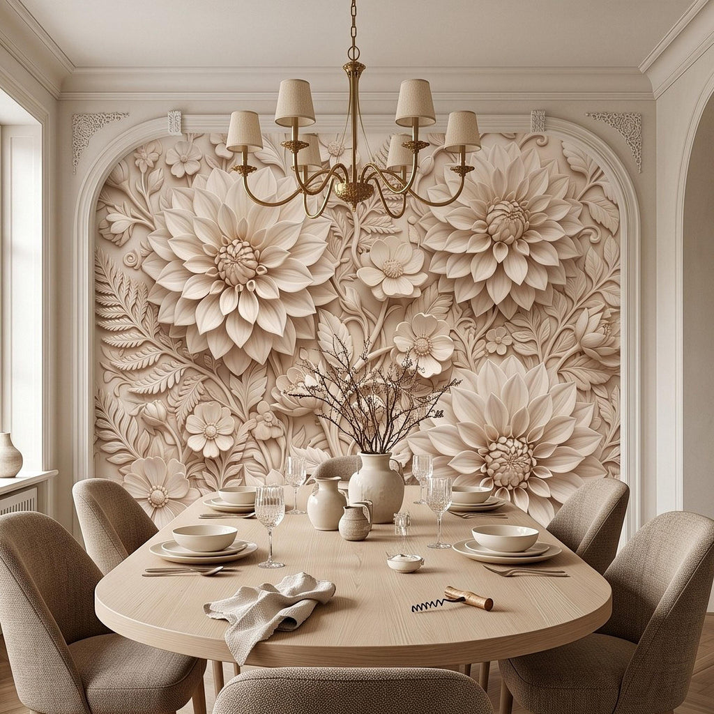 Dahlia Flower Peel and Stick Wall Mural, Sculpted Botanical Relief Warm Ivory Embossed Plaster Look Floral Wallpaper