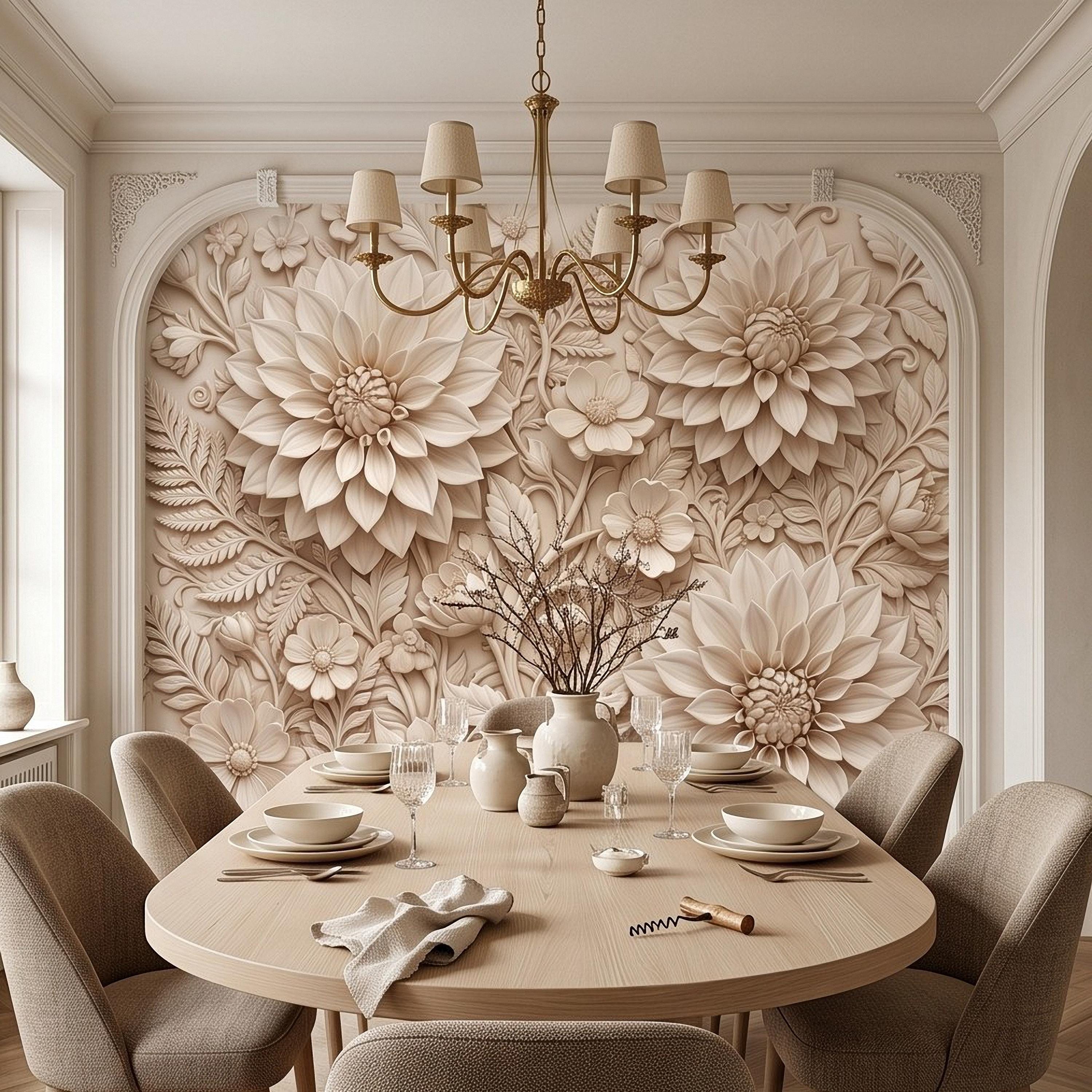 Dahlia Flower Peel and Stick Wall Mural, Sculpted Botanical Relief Warm Ivory Embossed Plaster Look Floral Wallpaper
