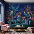 Tropical Parrot Peel and Stick Wall Mural, Exotic Macaw Birds Chinoiserie Botanical Floral Navy Blue Luxury Wallpaper