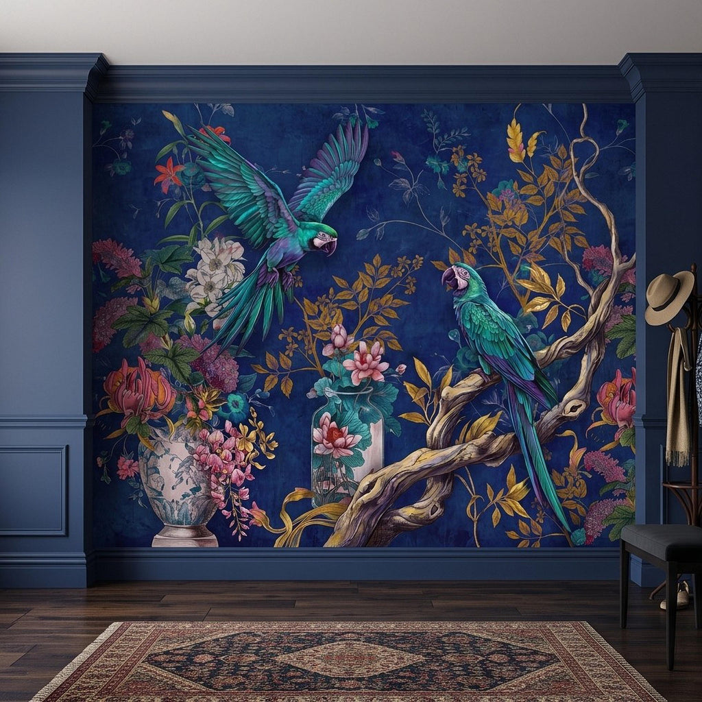 Tropical Parrot Peel and Stick Wall Mural, Exotic Macaw Birds Chinoiserie Botanical Floral Navy Blue Luxury Wallpaper