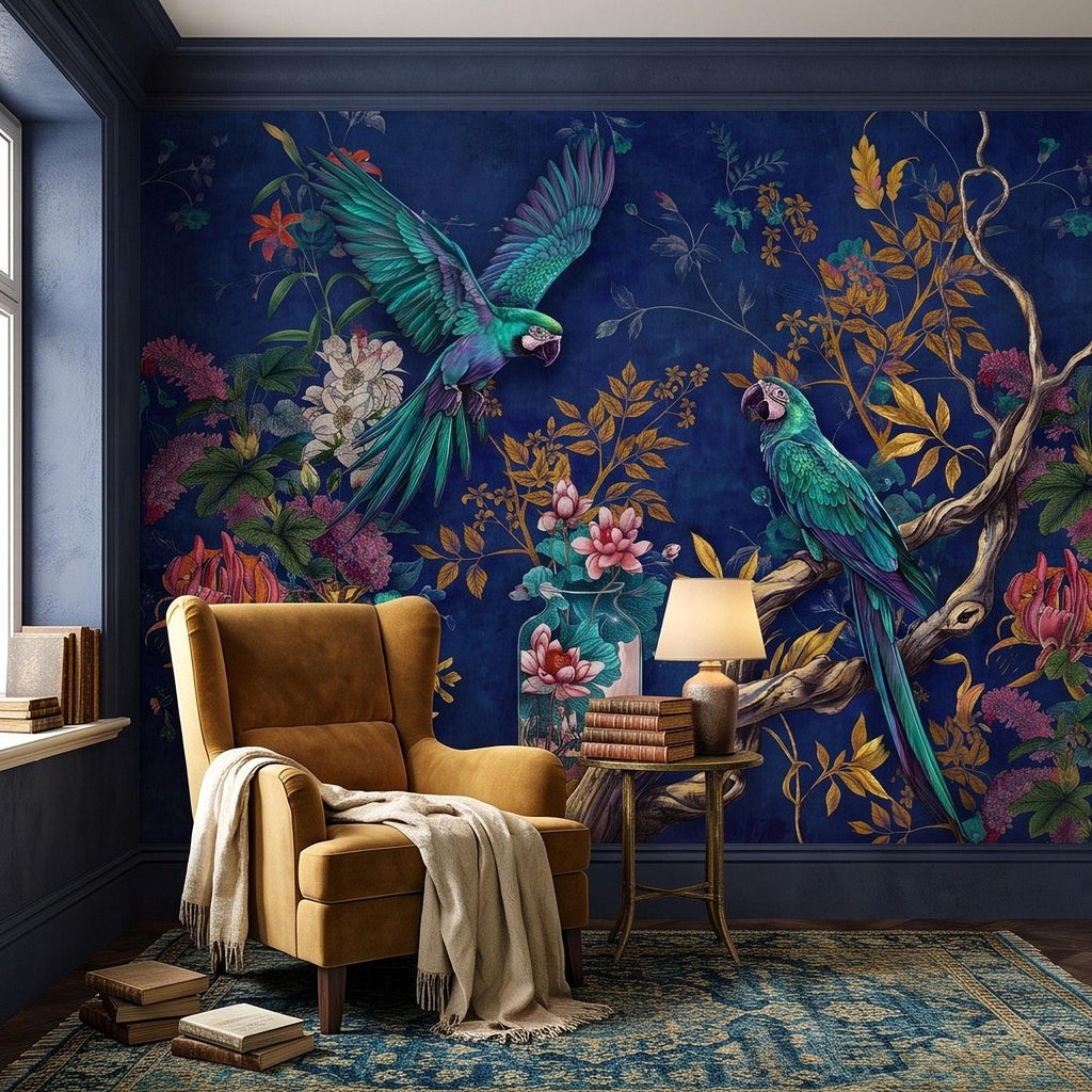Tropical Parrot Peel and Stick Wall Mural, Exotic Macaw Birds Chinoiserie Botanical Floral Navy Blue Luxury Wallpaper