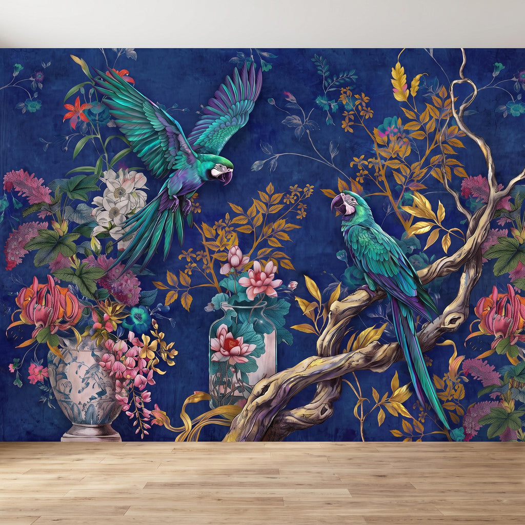 Tropical Parrot Peel and Stick Wall Mural, Exotic Macaw Birds Chinoiserie Botanical Floral Navy Blue Luxury Wallpaper