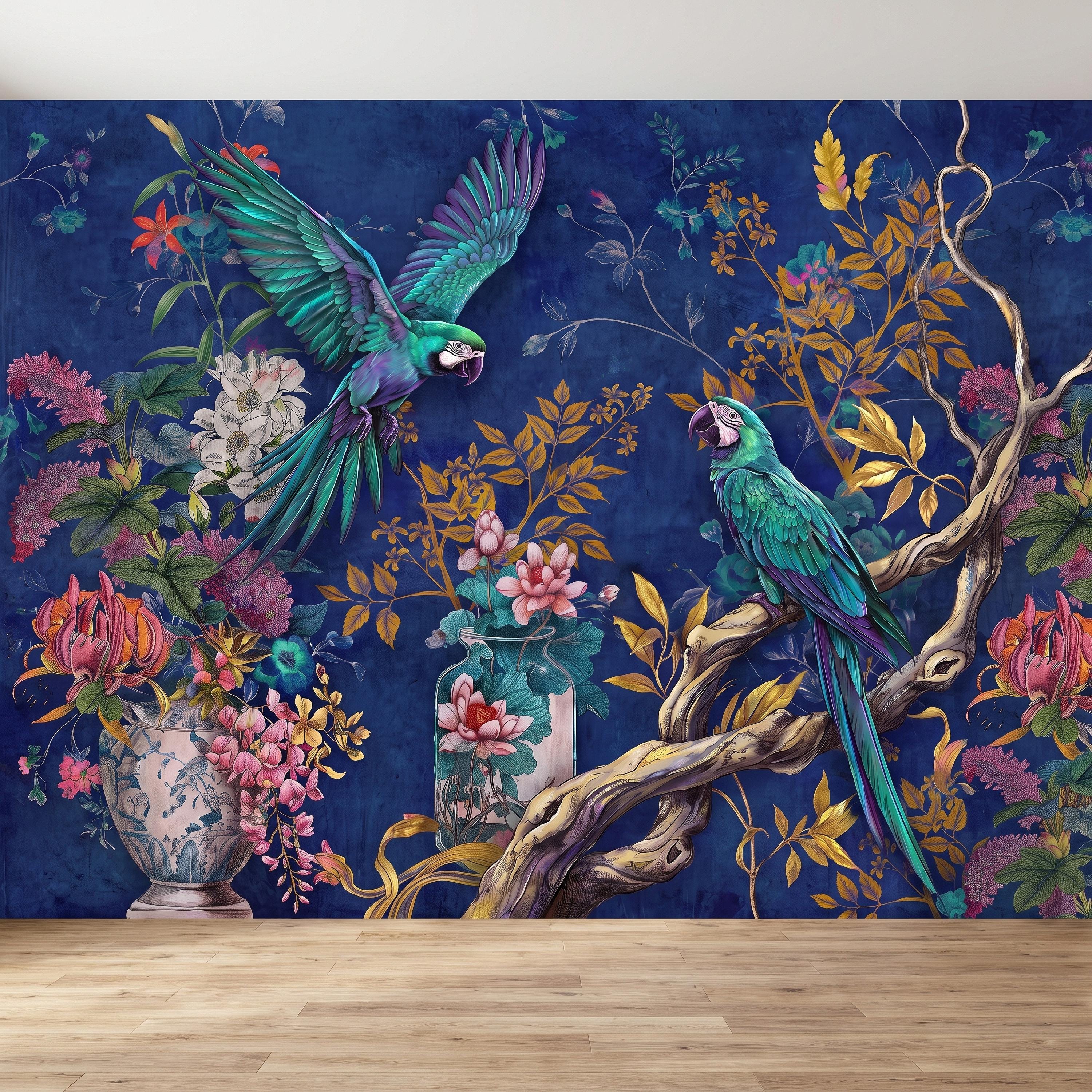Tropical Parrot Peel and Stick Wall Mural, Exotic Macaw Birds Chinoiserie Botanical Floral Navy Blue Luxury Wallpaper