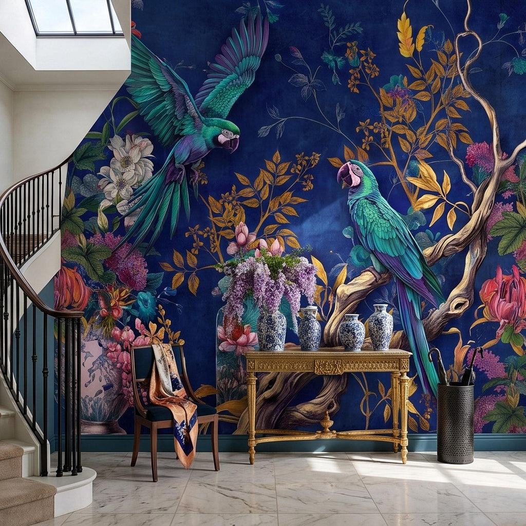 Tropical Parrot Peel and Stick Wall Mural, Exotic Macaw Birds Chinoiserie Botanical Floral Navy Blue Luxury Wallpaper