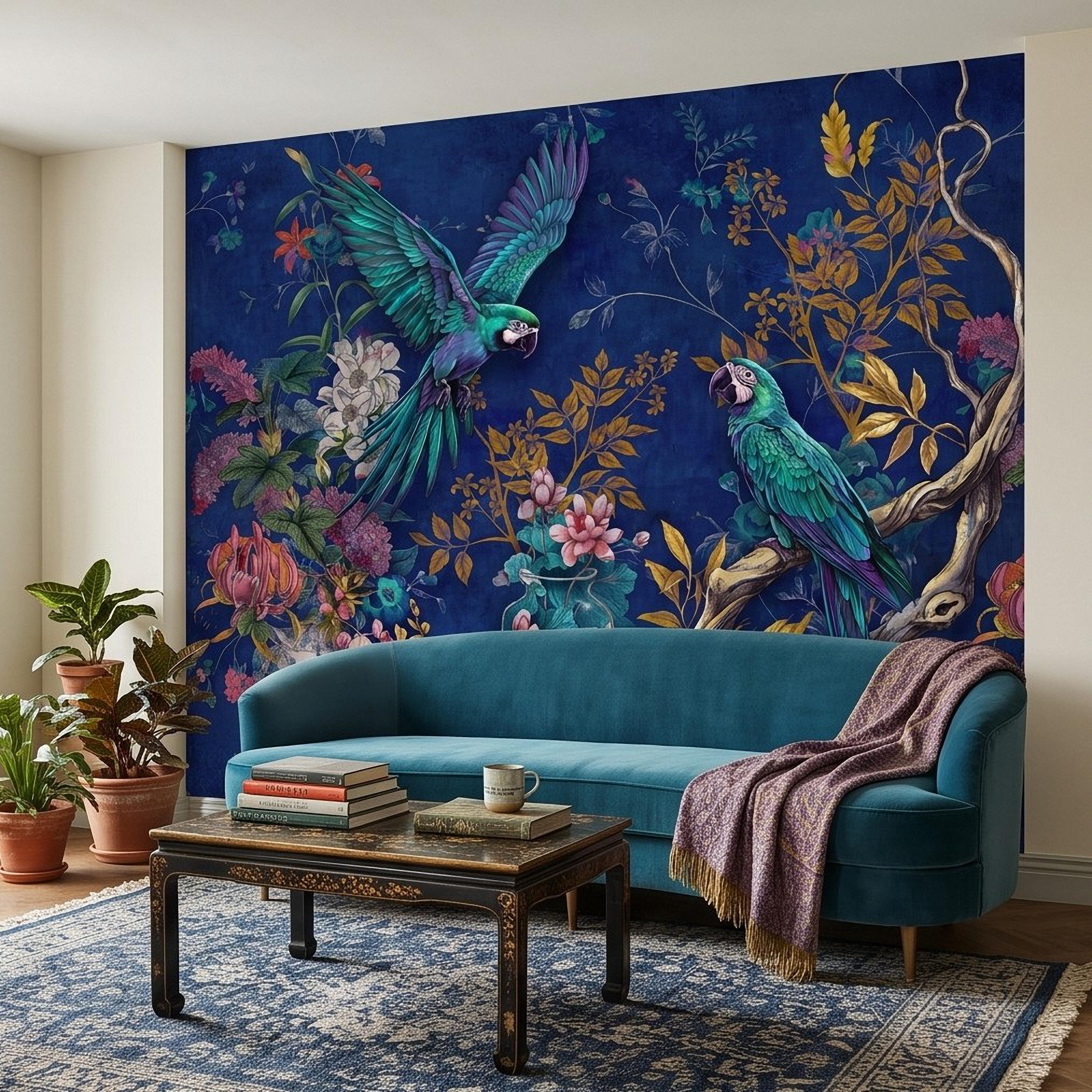 Tropical Parrot Peel and Stick Wall Mural, Exotic Macaw Birds Chinoiserie Botanical Floral Navy Blue Luxury Wallpaper