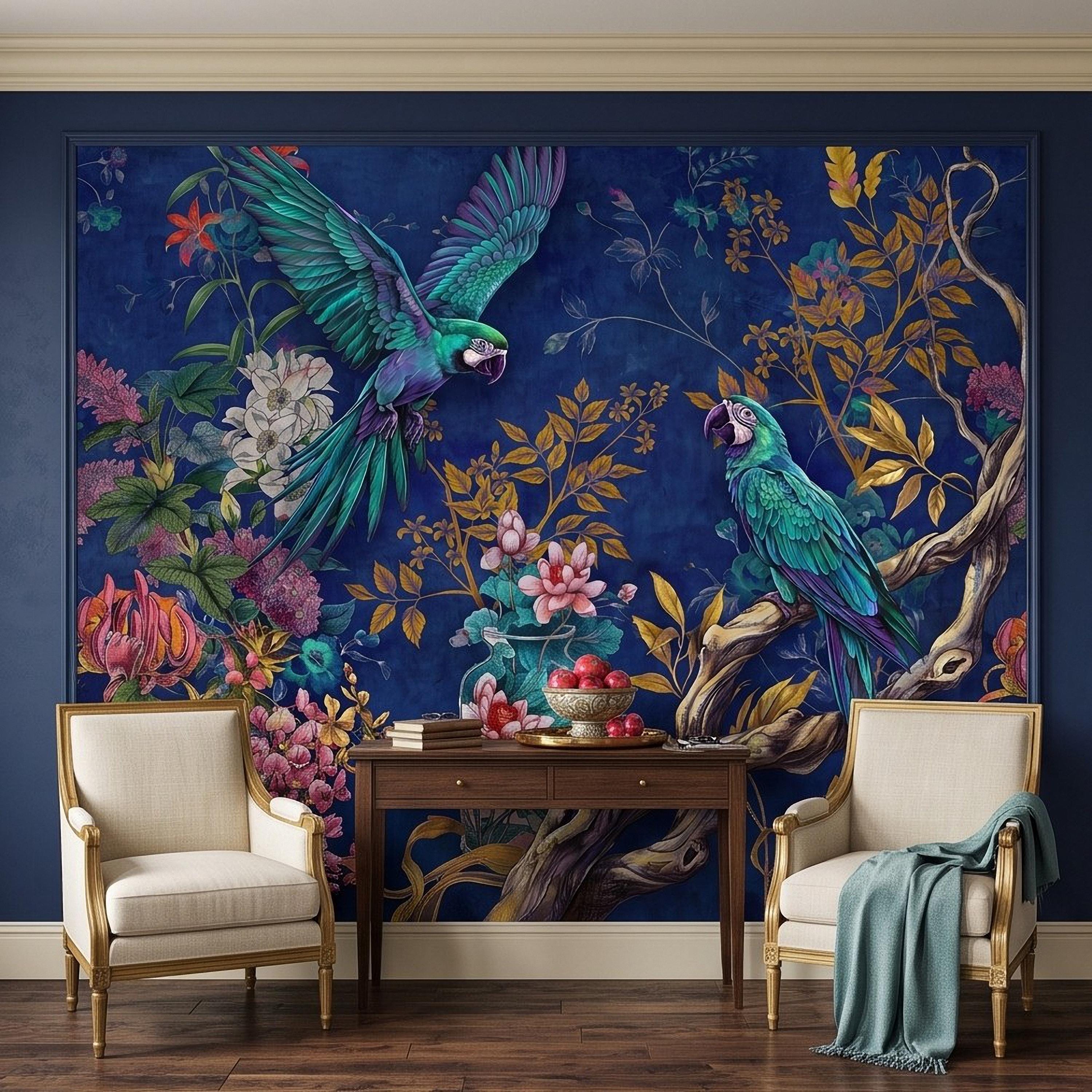 Tropical Parrot Peel and Stick Wall Mural, Exotic Macaw Birds Chinoiserie Botanical Floral Navy Blue Luxury Wallpaper