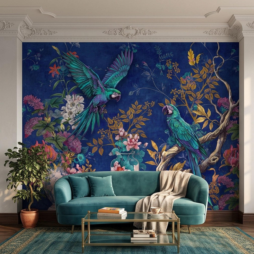 Tropical Parrot Peel and Stick Wall Mural, Exotic Macaw Birds Chinoiserie Botanical Floral Navy Blue Luxury Wallpaper