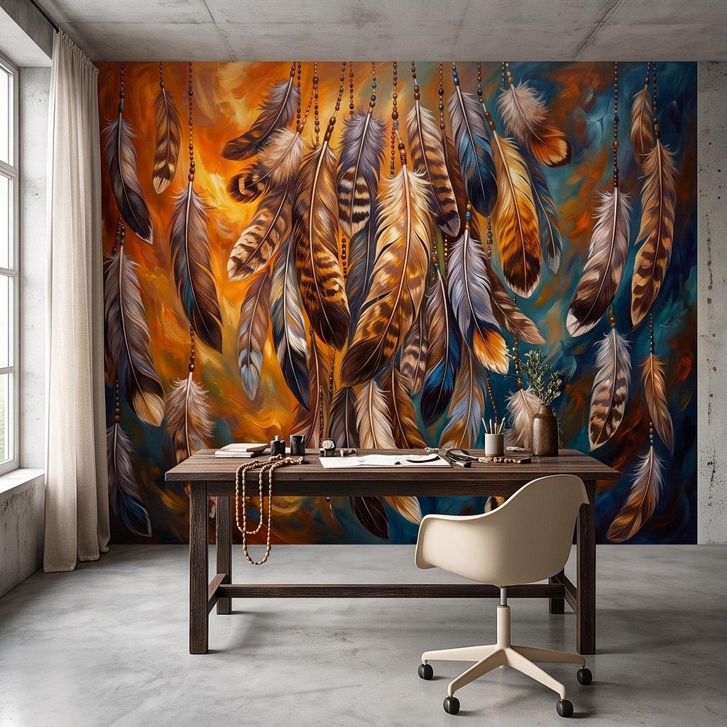 Bohemian Feather Peel and Stick Wall Mural, Hanging Beaded Feathers Southwestern Teal Burnt Orange Abstract Wallpaper
