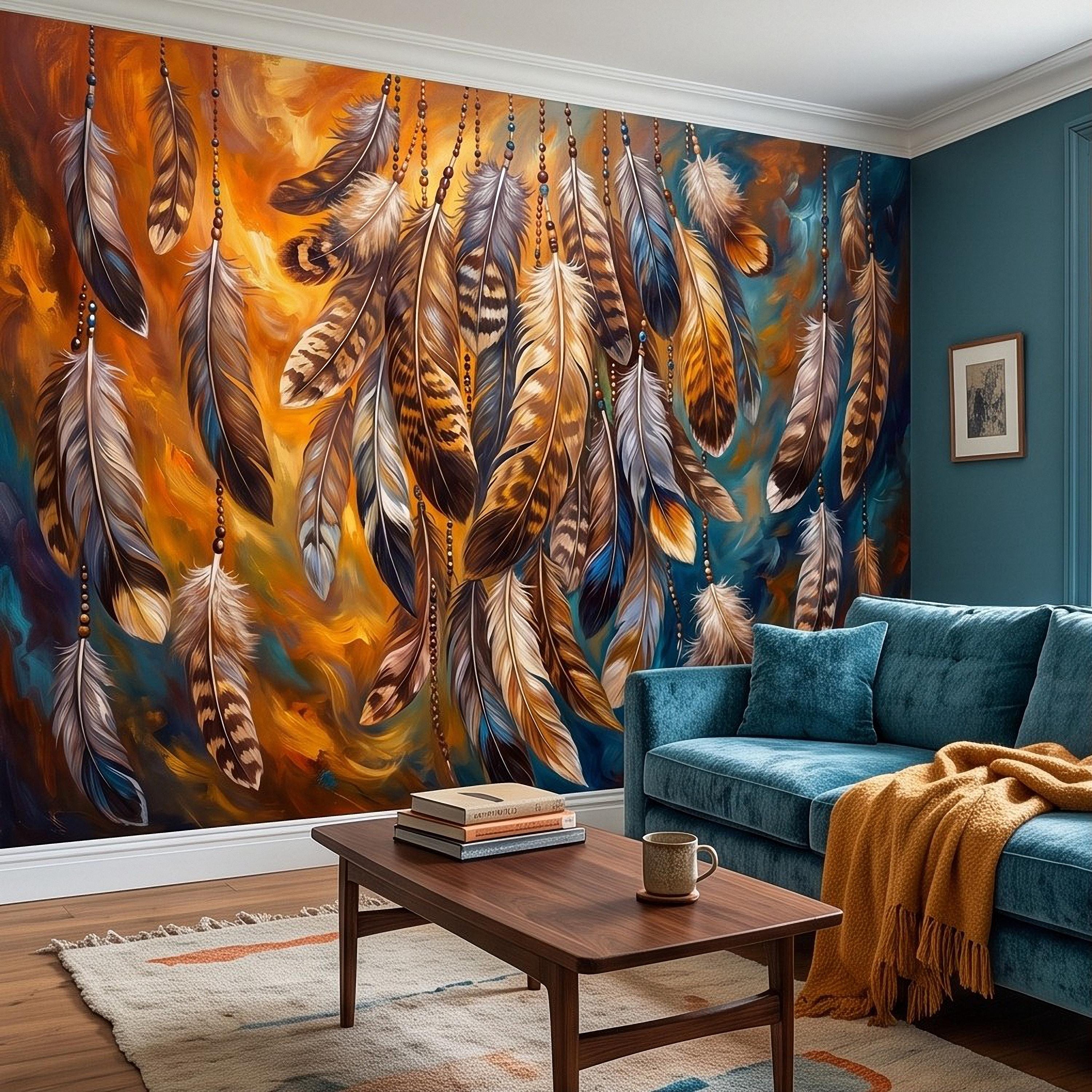 Bohemian Feather Peel and Stick Wall Mural, Hanging Beaded Feathers Southwestern Teal Burnt Orange Abstract Wallpaper