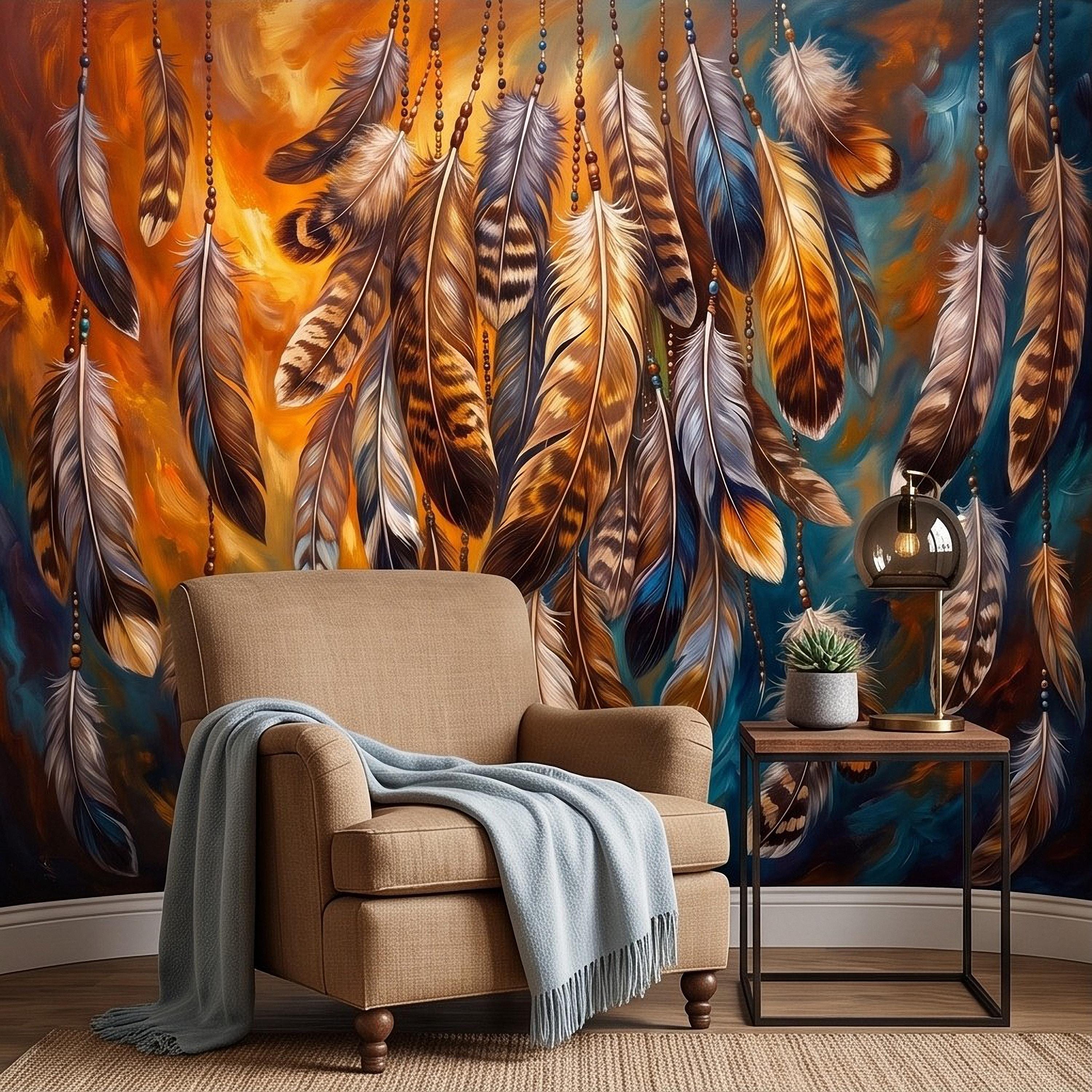 Bohemian Feather Peel and Stick Wall Mural, Hanging Beaded Feathers Southwestern Teal Burnt Orange Abstract Wallpaper