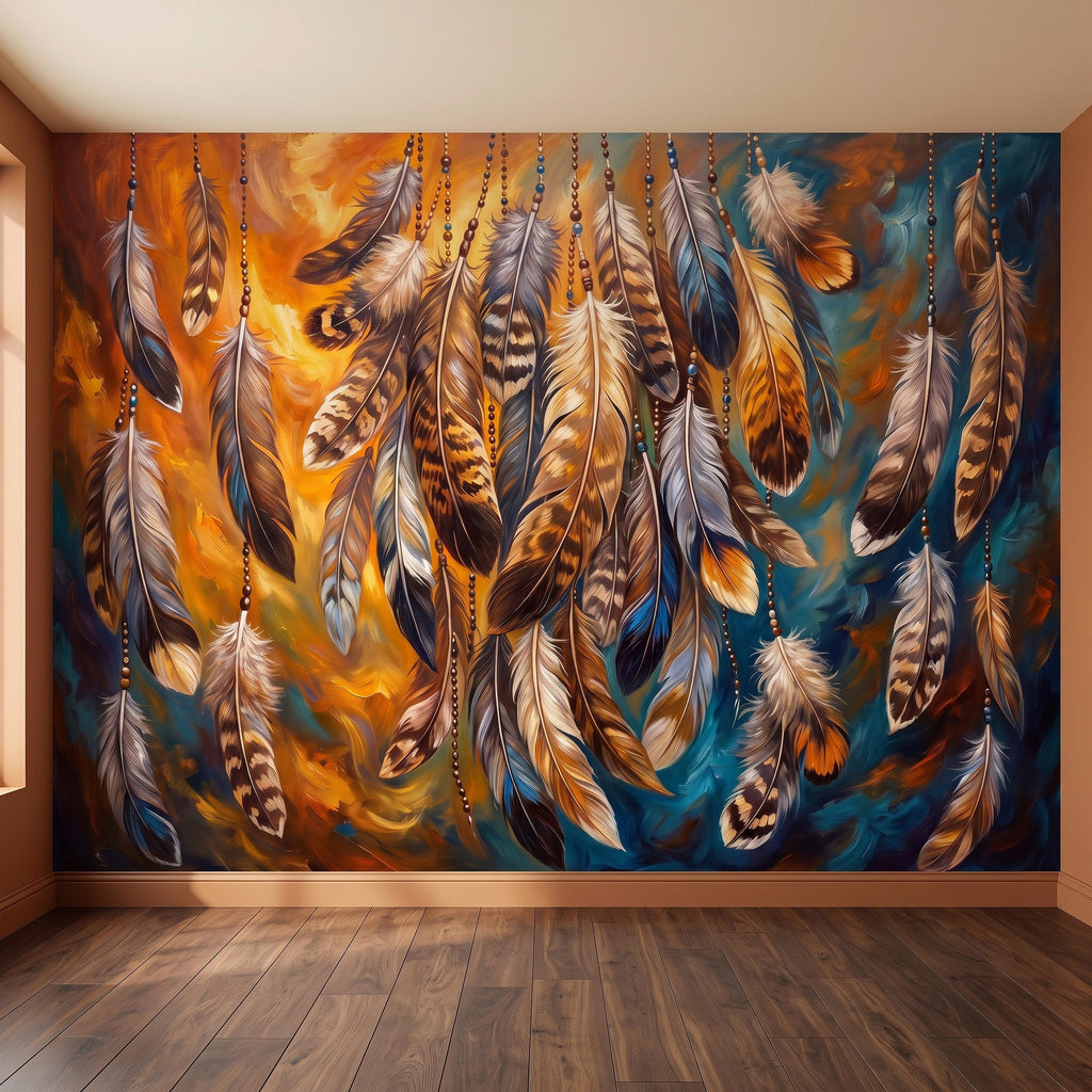 Bohemian Feather Peel and Stick Wall Mural, Hanging Beaded Feathers Southwestern Teal Burnt Orange Abstract Wallpaper