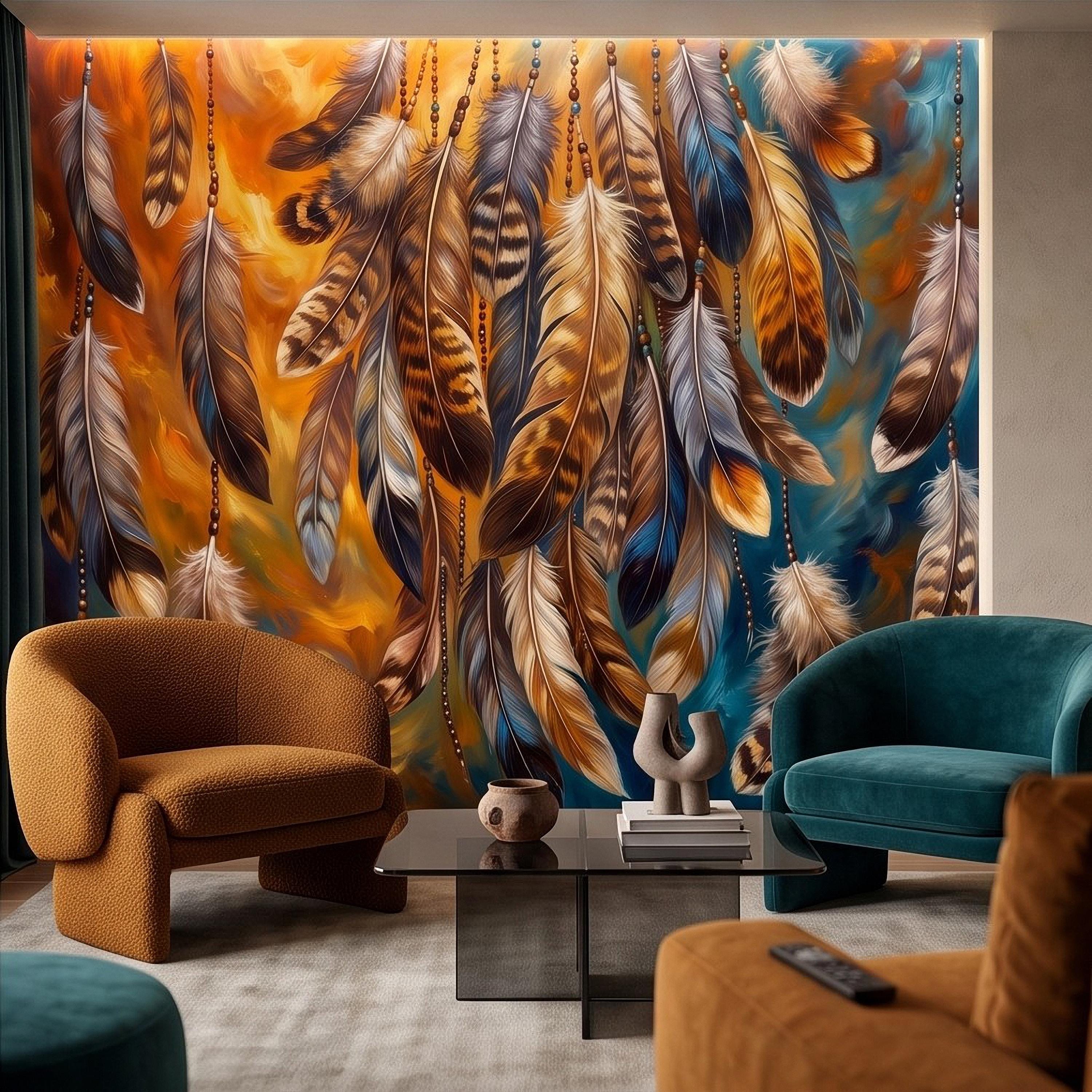 Bohemian Feather Peel and Stick Wall Mural, Hanging Beaded Feathers Southwestern Teal Burnt Orange Abstract Wallpaper