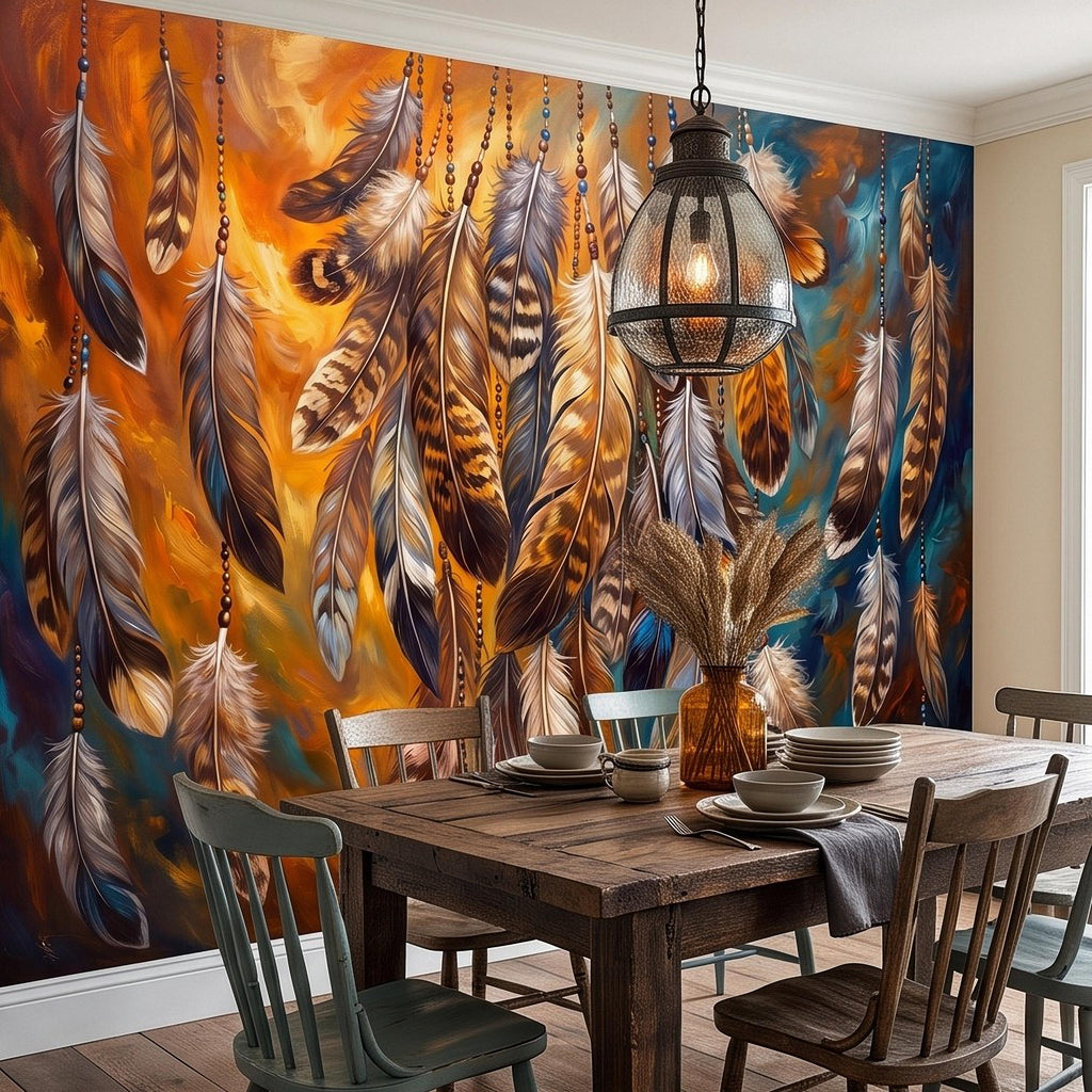 Bohemian Feather Peel and Stick Wall Mural, Hanging Beaded Feathers Southwestern Teal Burnt Orange Abstract Wallpaper