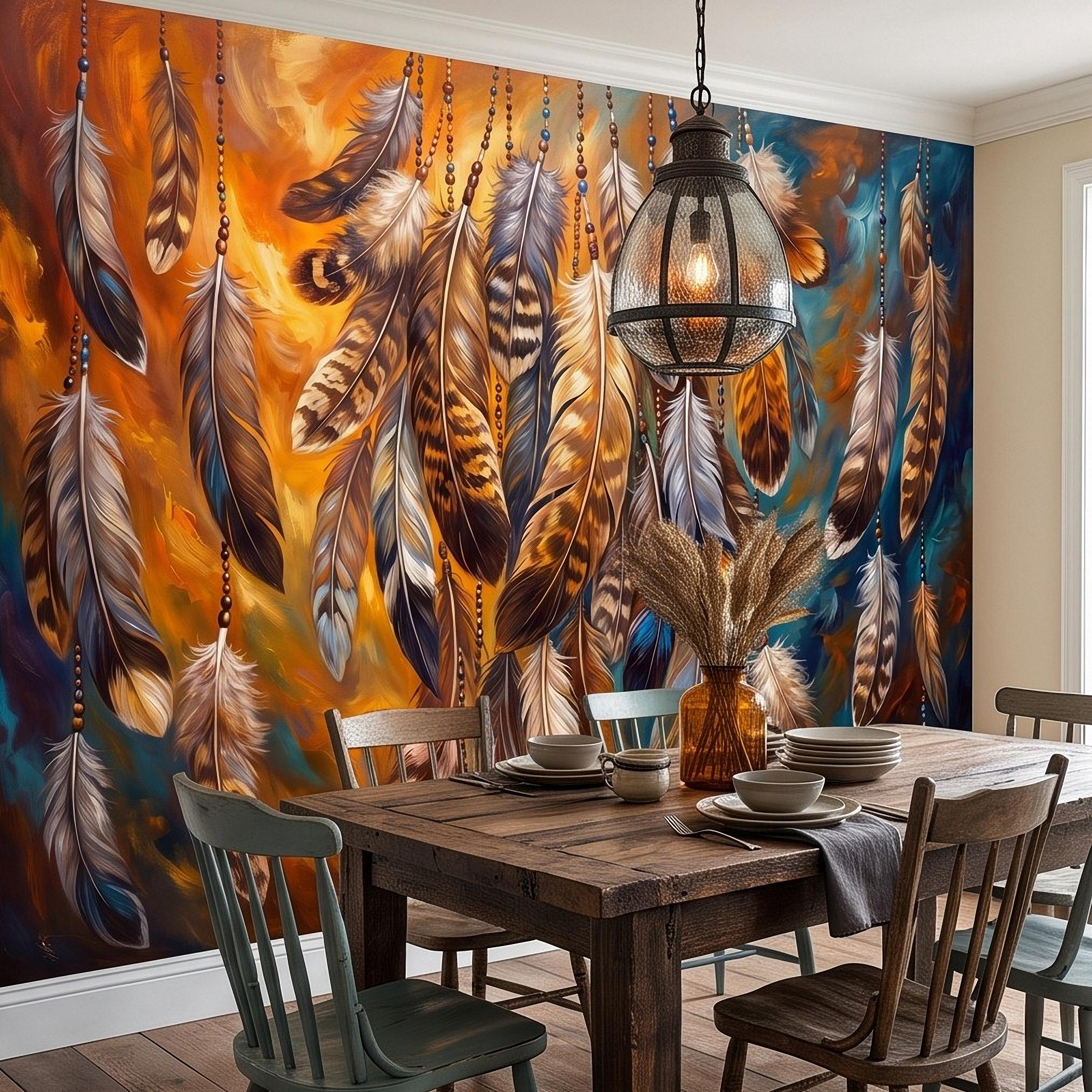 Bohemian Feather Peel and Stick Wall Mural, Hanging Beaded Feathers Southwestern Teal Burnt Orange Abstract Wallpaper