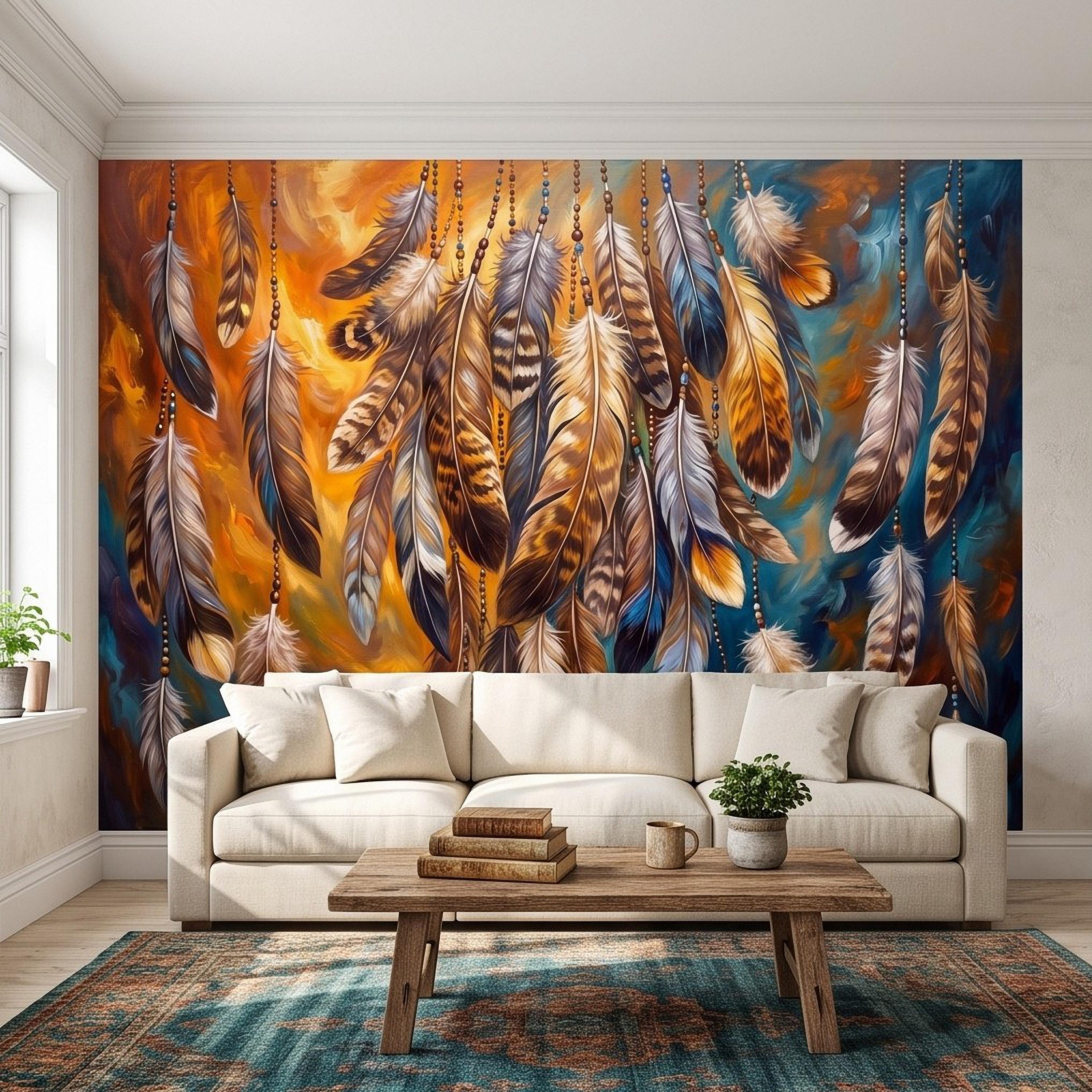 Bohemian Feather Peel and Stick Wall Mural, Hanging Beaded Feathers Southwestern Teal Burnt Orange Abstract Wallpaper