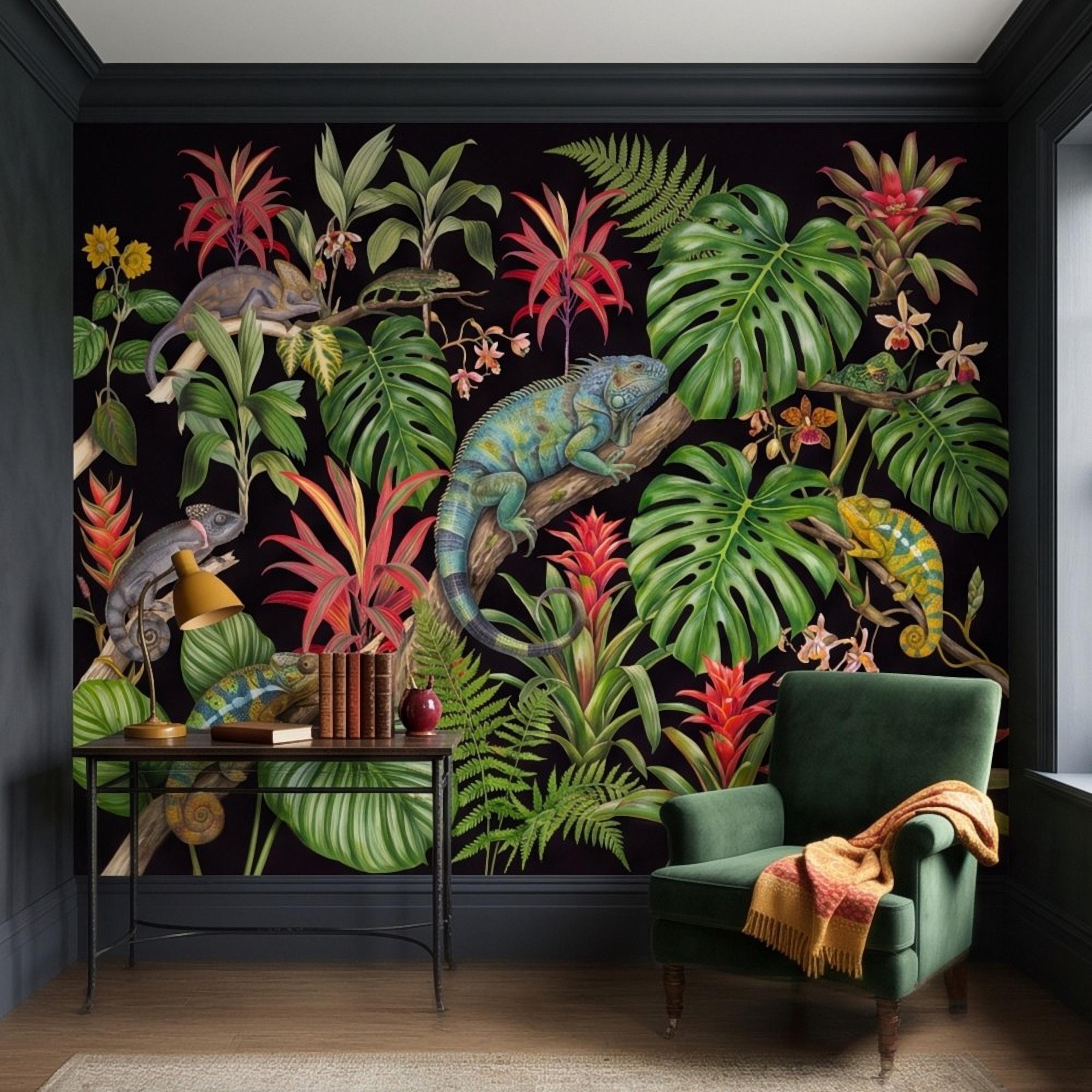 Tropical Chameleon Peel and Stick Wall Mural, Exotic Rainforest Monstera Bromeliad Orchid Jungle Botanical Wallpaper