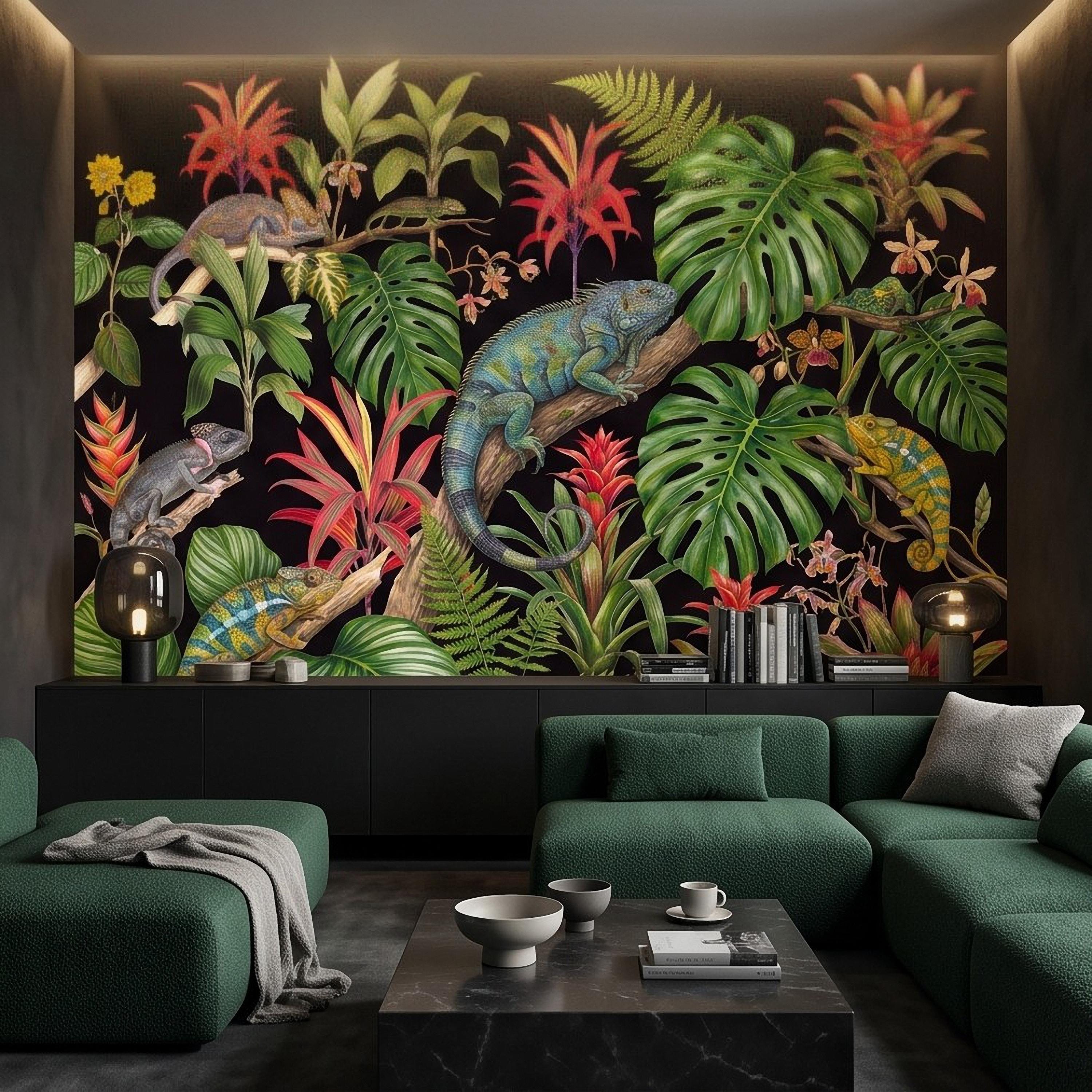 Tropical Chameleon Peel and Stick Wall Mural, Exotic Rainforest Monstera Bromeliad Orchid Jungle Botanical Wallpaper