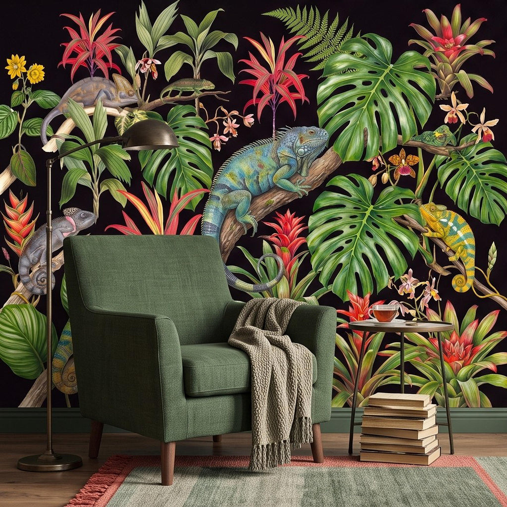 Tropical Chameleon Peel and Stick Wall Mural, Exotic Rainforest Monstera Bromeliad Orchid Jungle Botanical Wallpaper